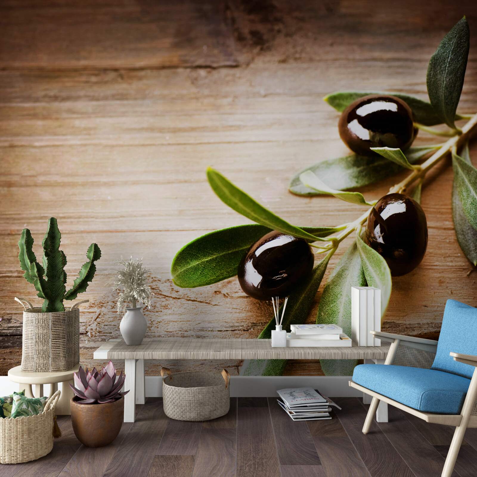 Fotobehang takken versierd met zwarte olijven en groene bladeren