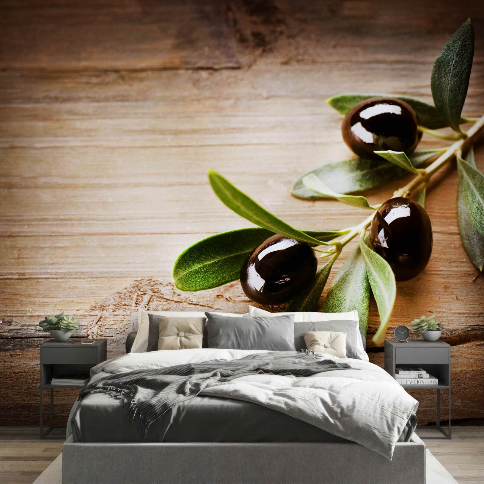 Fotobehang takken versierd met zwarte olijven en groene bladeren