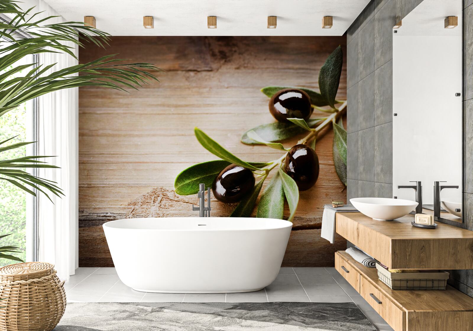 Fotobehang takken versierd met zwarte olijven en groene bladeren