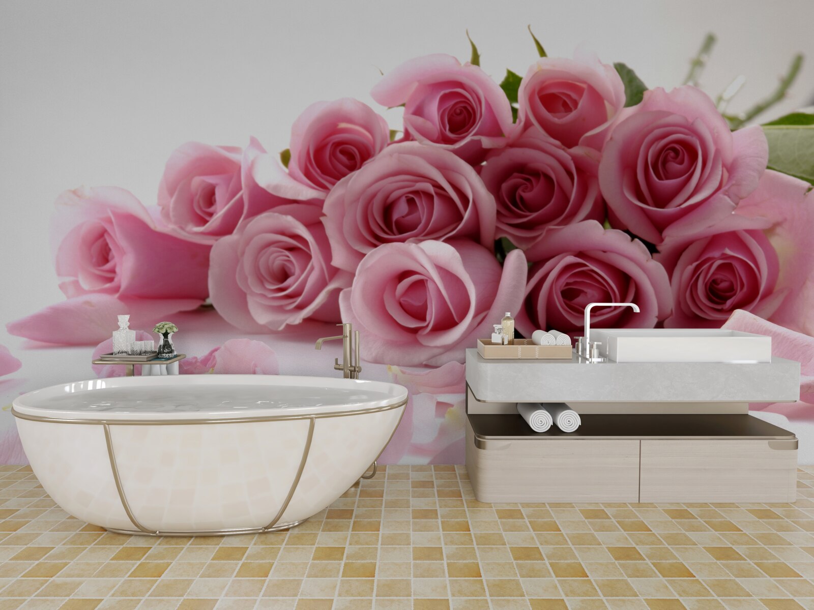 Fotobehang delicate roze rozen met bloemblaadjes dichtbij het wateroppervlak