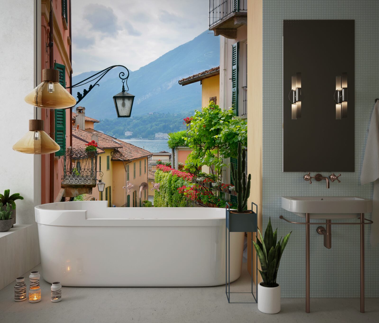 Fotobehang straat die naar de zee leidt, versierd met bloemen en groen