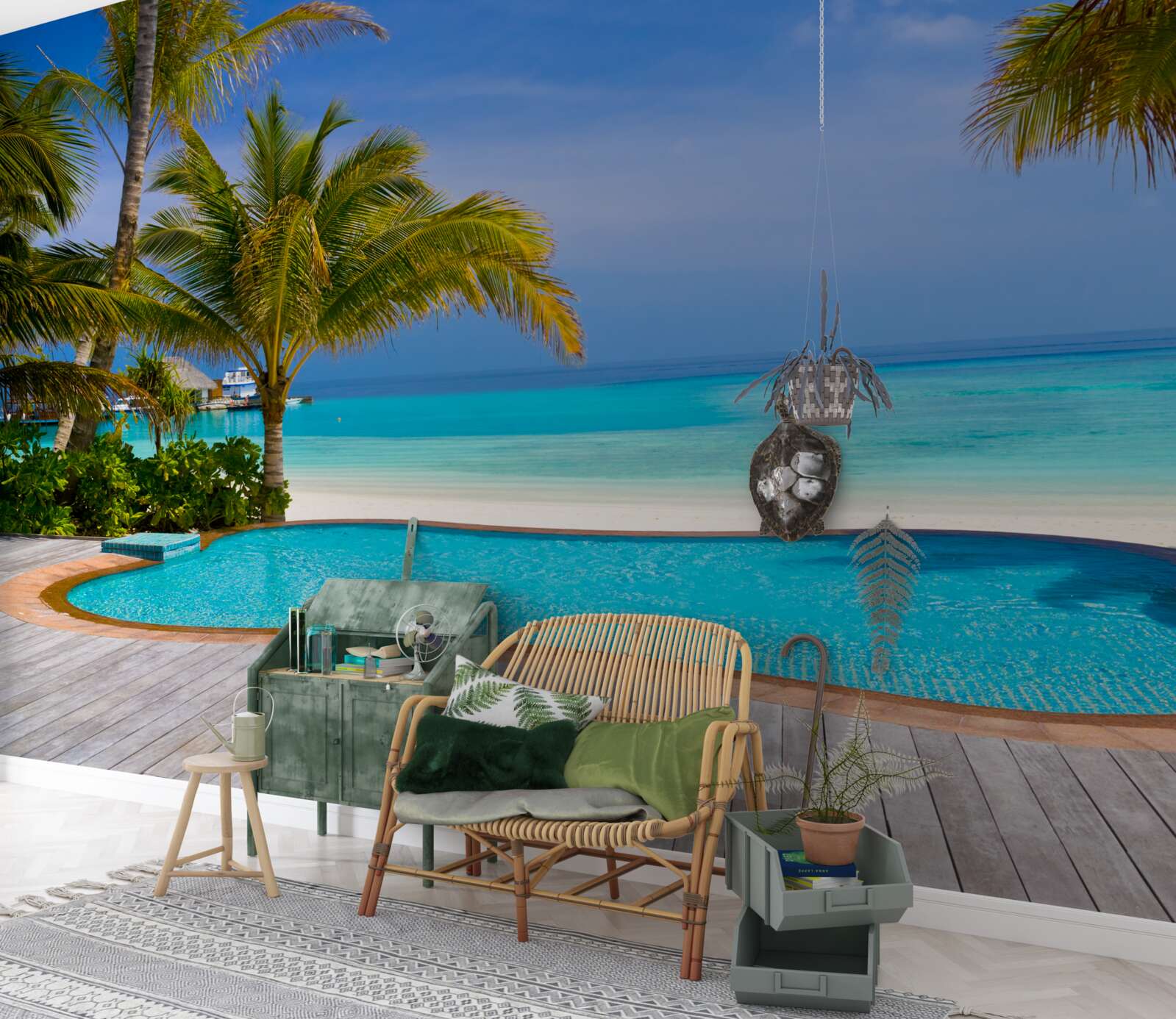 Fotobehang zwembad dicht bij de kust, omringd door palmbomen