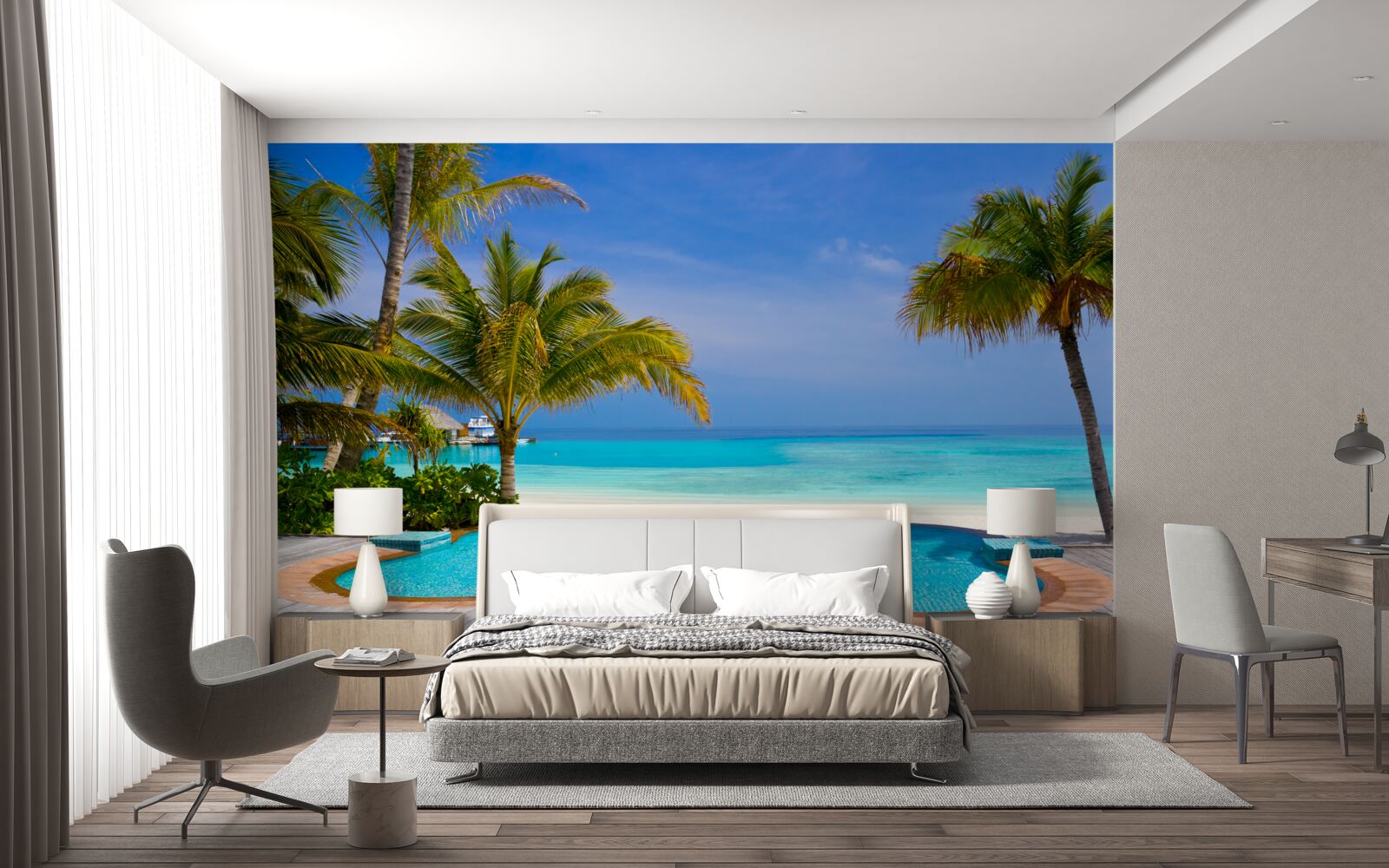 Fotobehang zwembad dicht bij de kust, omringd door palmbomen