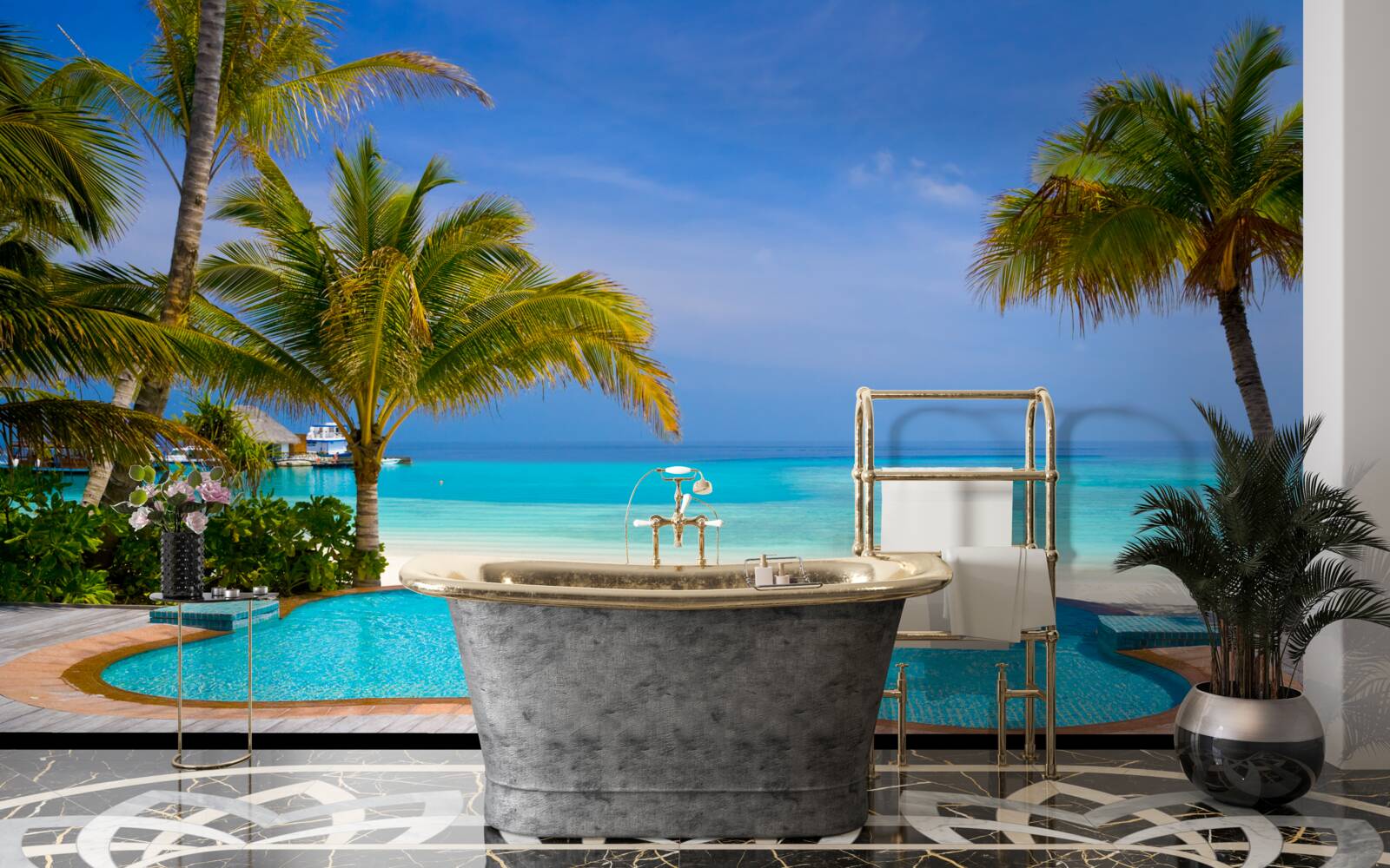 Fotobehang zwembad dicht bij de kust, omringd door palmbomen