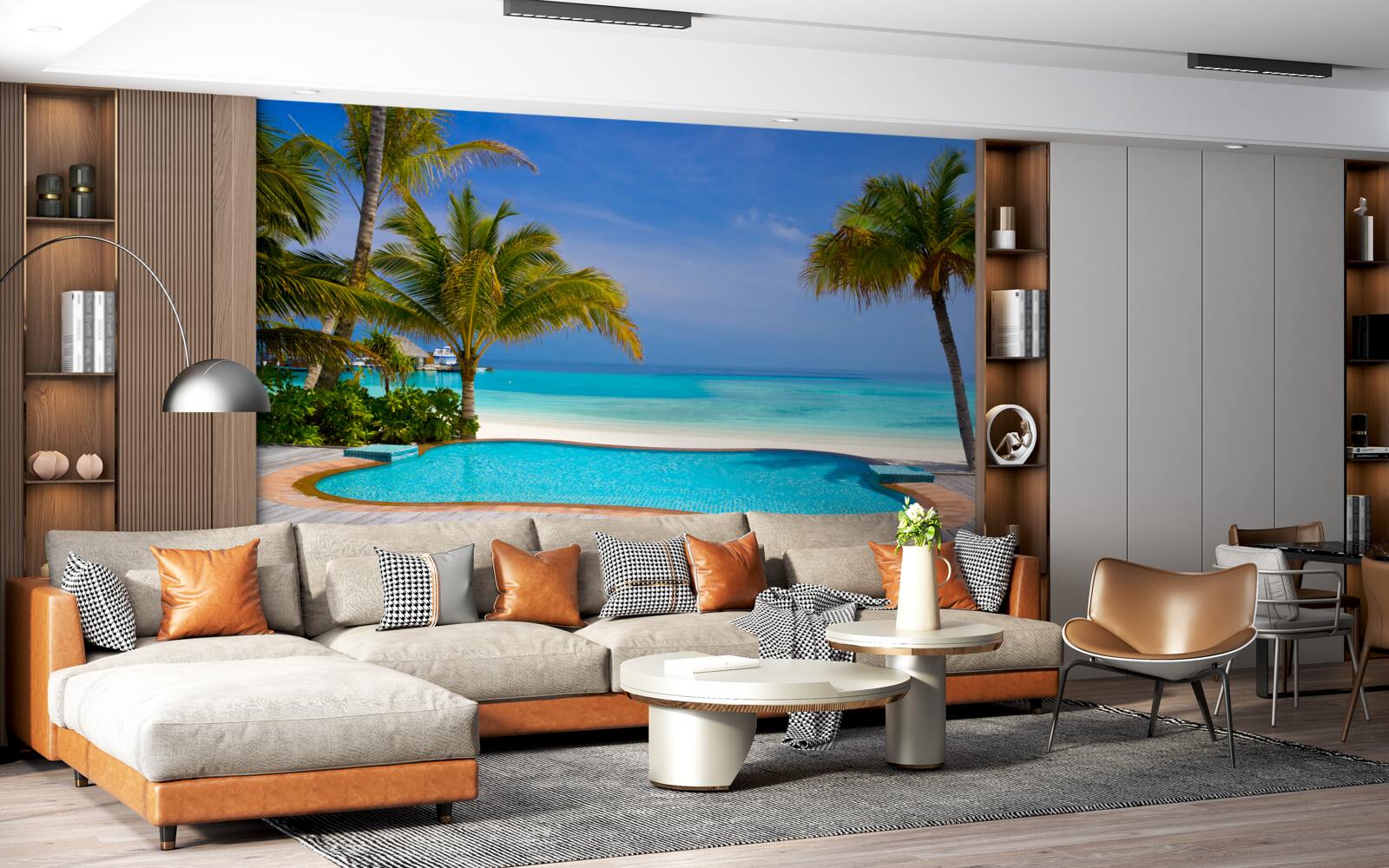 Fotobehang zwembad dicht bij de kust, omringd door palmbomen