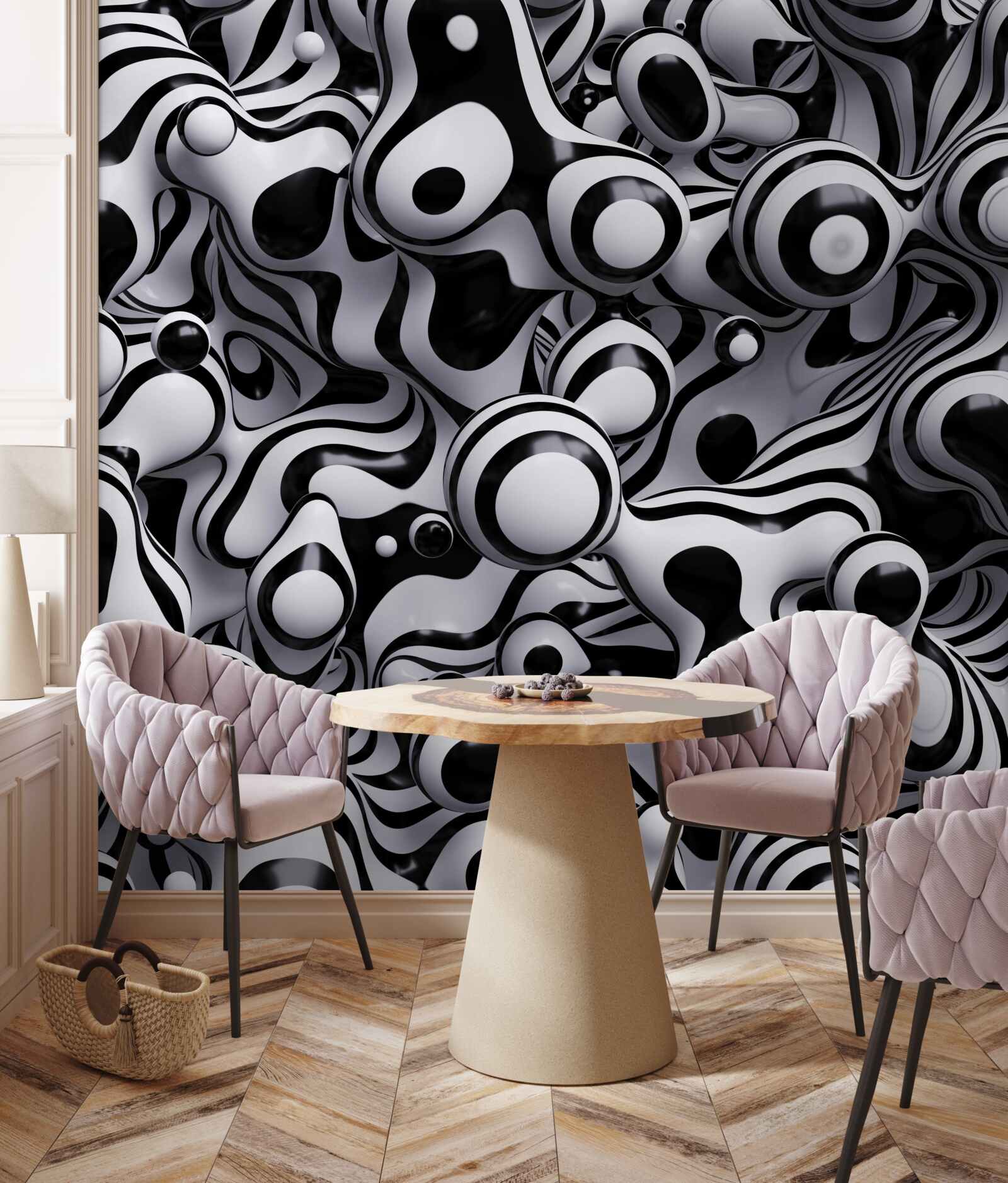 Fotobehang donkere druppels op een achtergrond van wit water creëren een abstractie