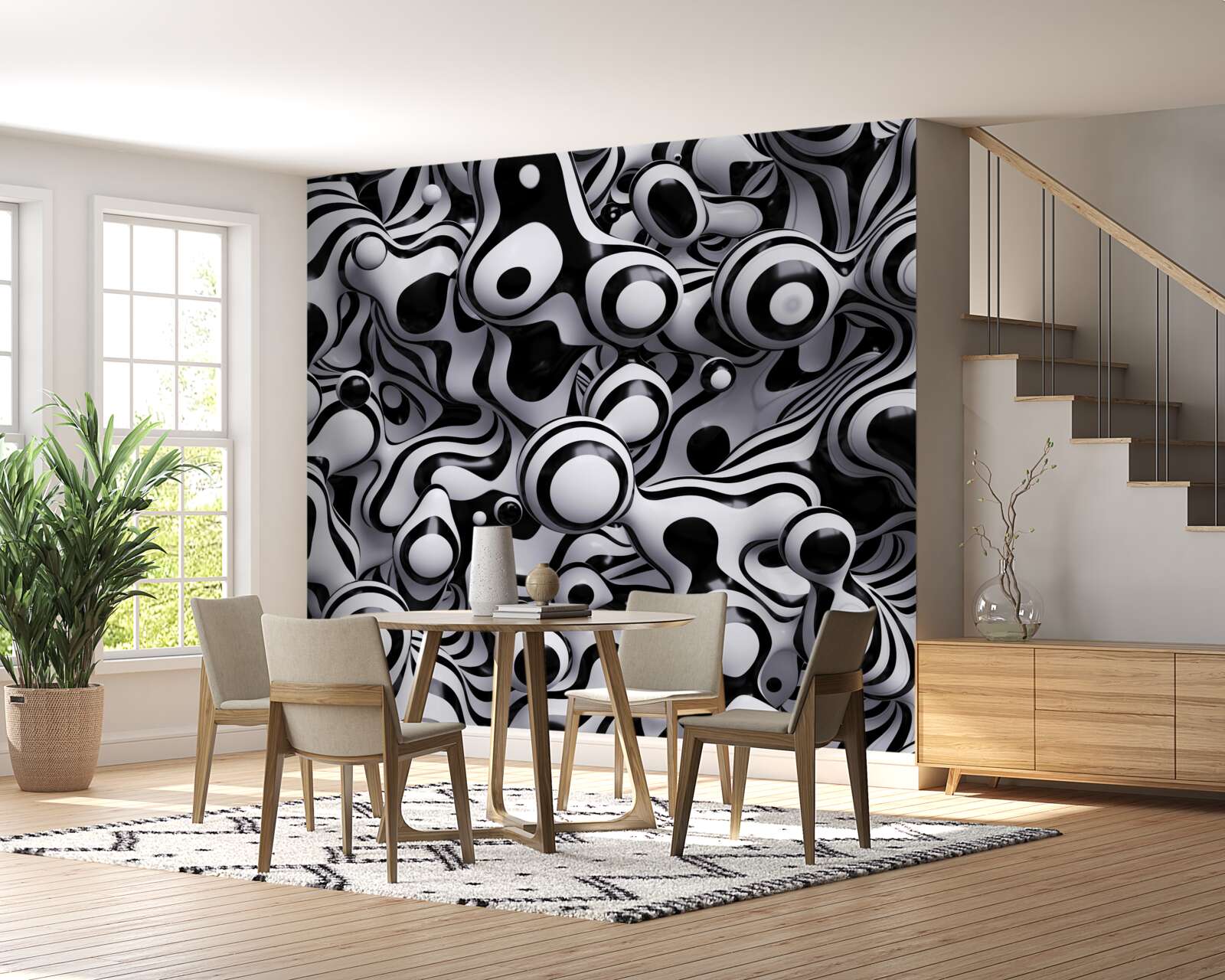 Fotobehang donkere druppels op een achtergrond van wit water creëren een abstractie