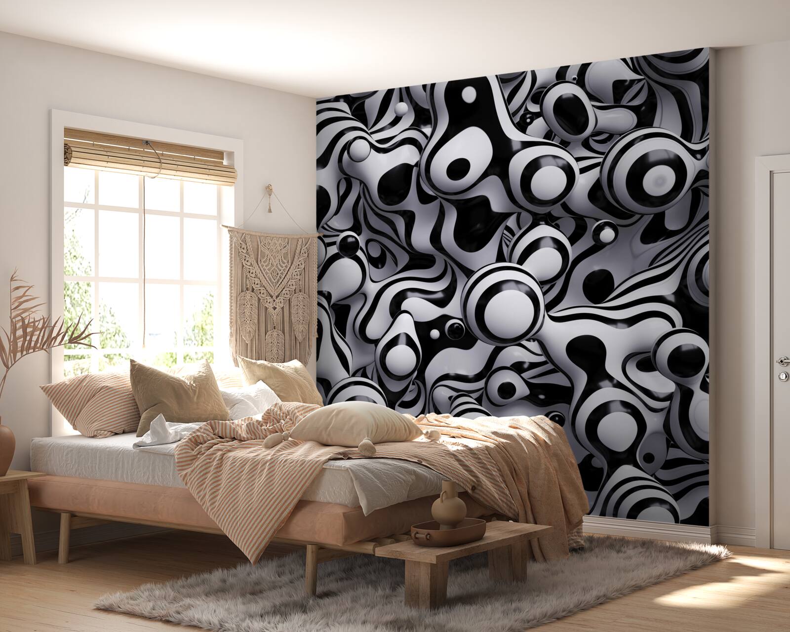 Fotobehang donkere druppels op een achtergrond van wit water creëren een abstractie