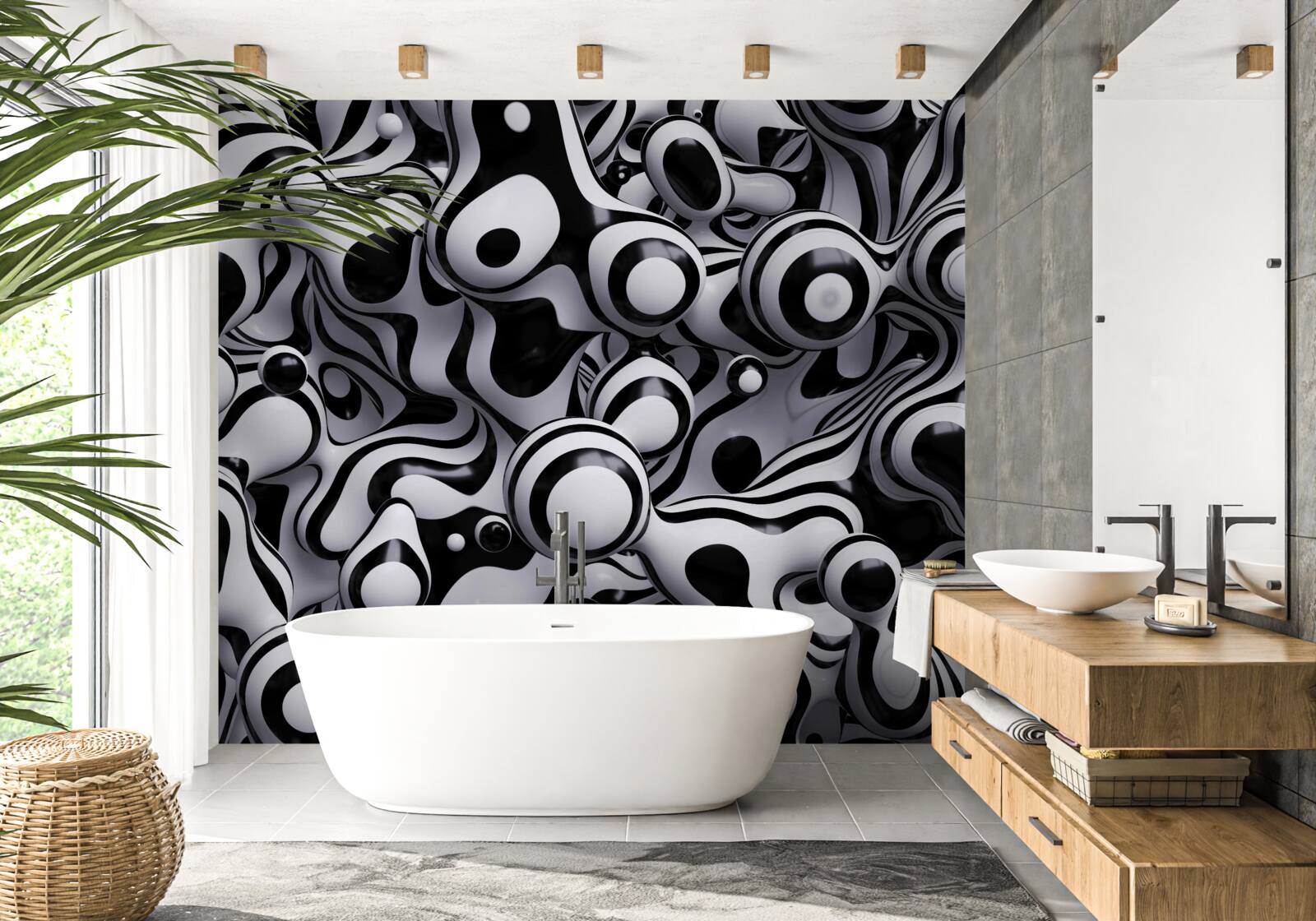 Fotobehang donkere druppels op een achtergrond van wit water creëren een abstractie