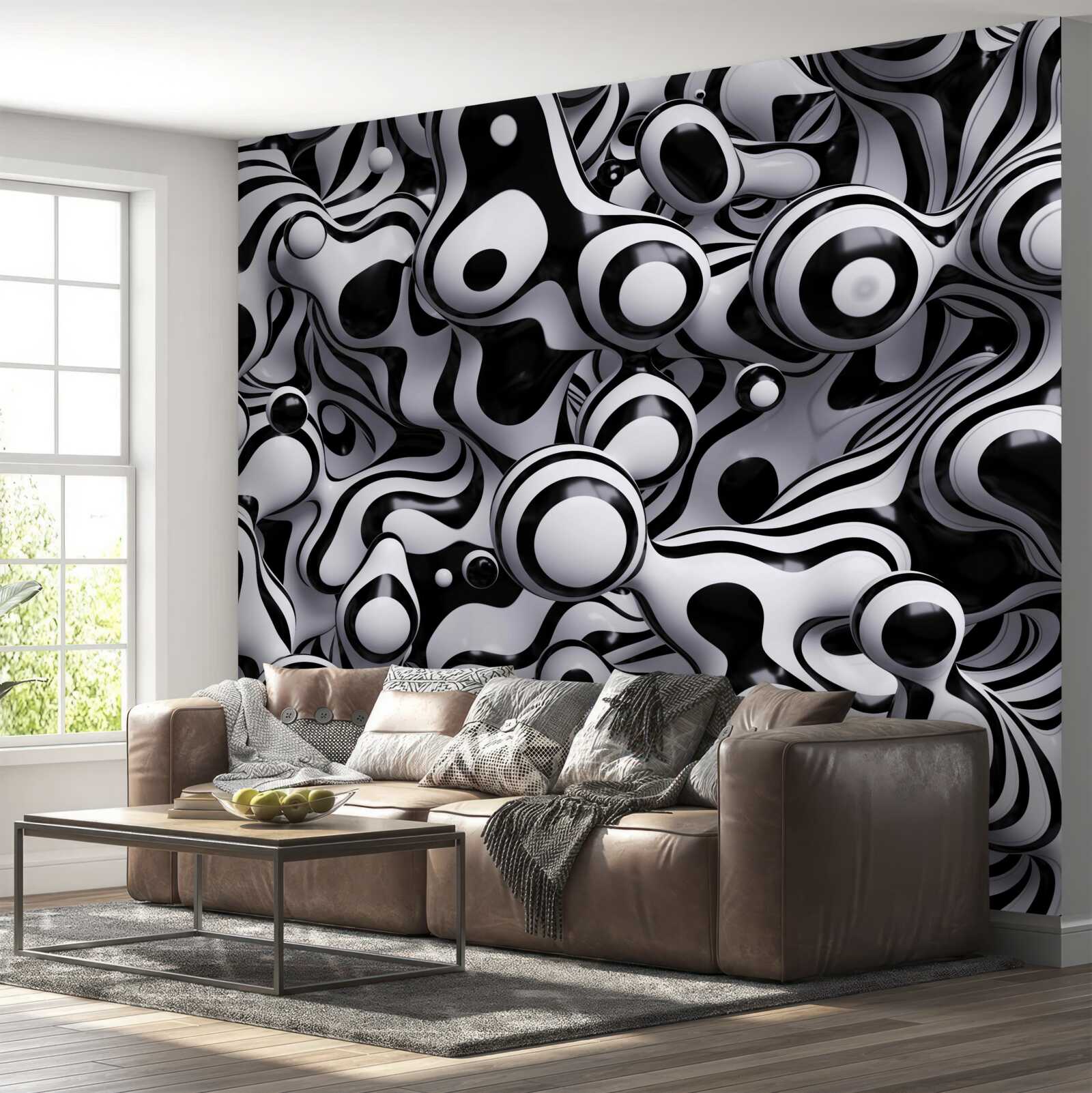 Fotobehang donkere druppels op een achtergrond van wit water creëren een abstractie