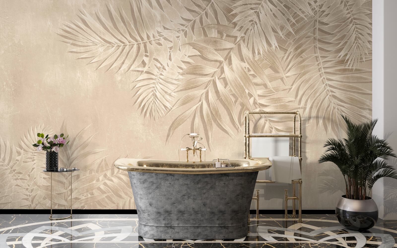 Fotobehang varen en monstera bladeren op een lichte achtergrond