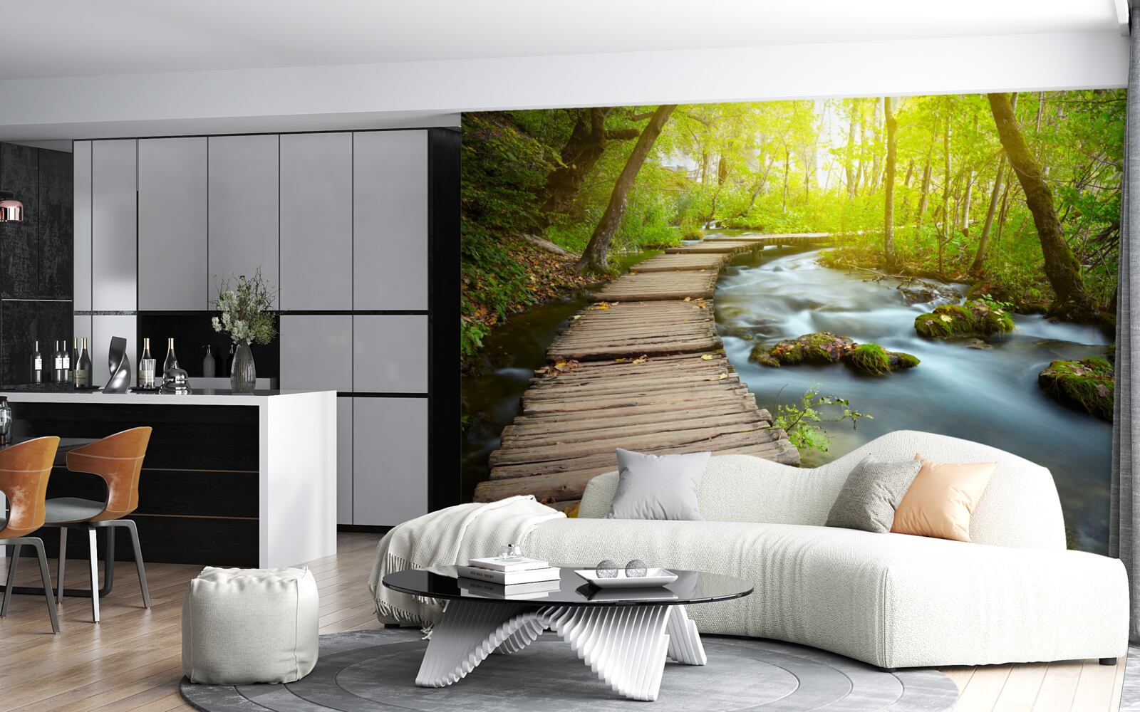 Fotobehang houten pad bij de rivier in een zonnig bos