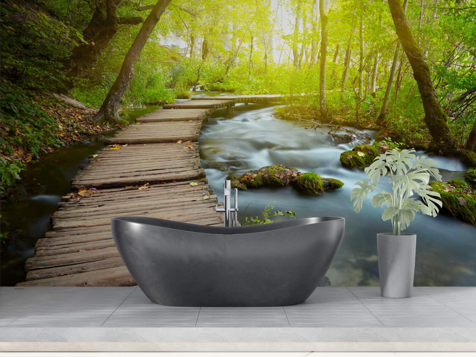 Fotobehang houten pad bij de rivier in een zonnig bos
