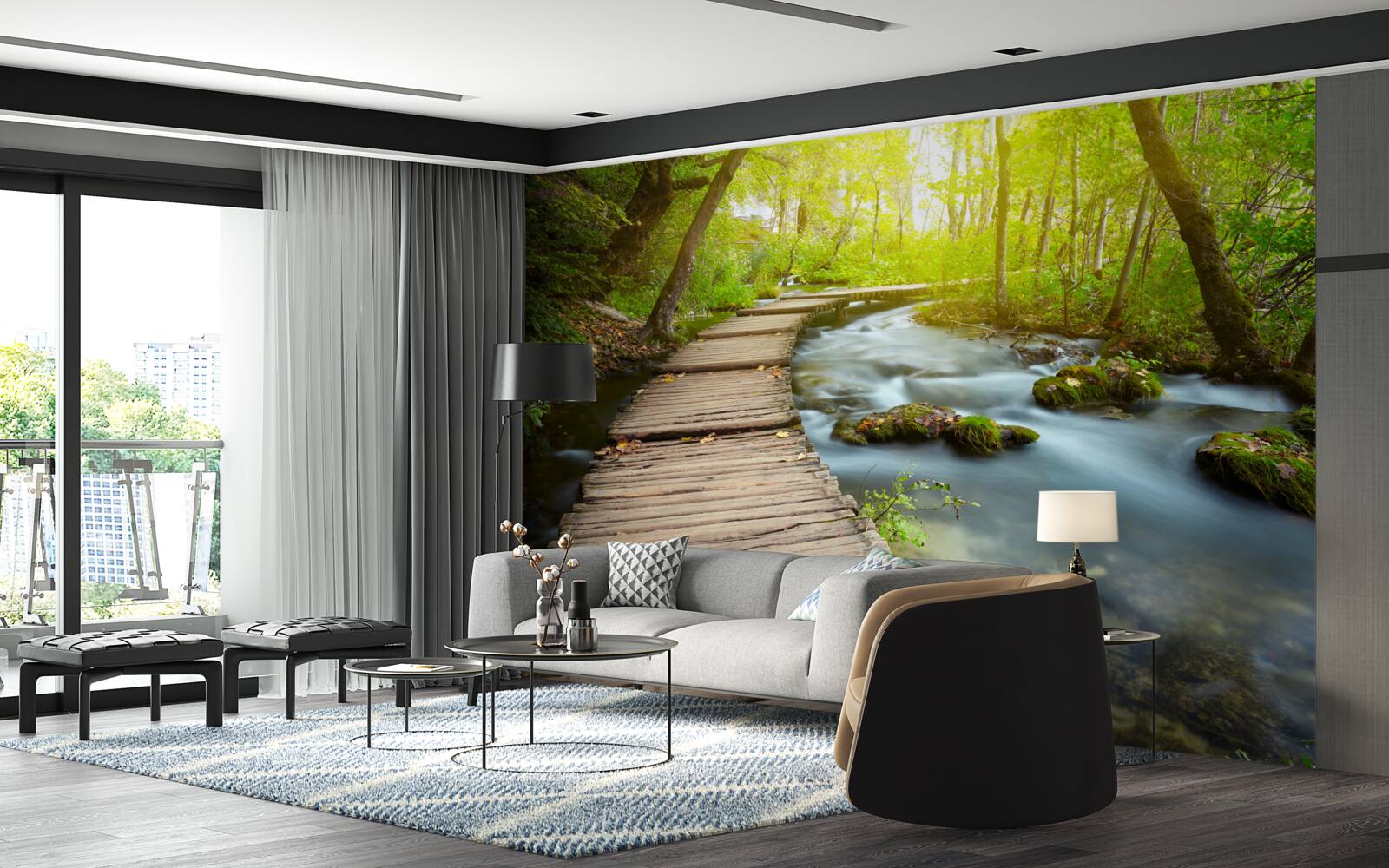 Fotobehang houten pad bij de rivier in een zonnig bos