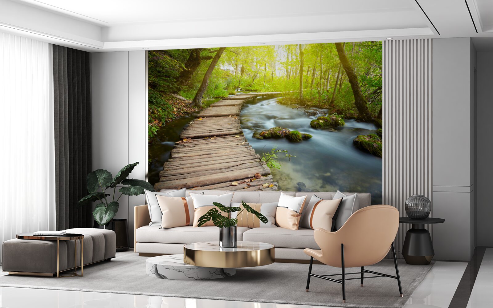 Fotobehang houten pad bij de rivier in een zonnig bos