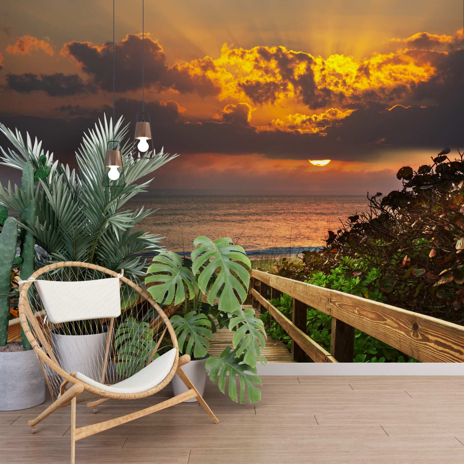 Fotobehang de zon gaat onder aan de horizon aan de kust