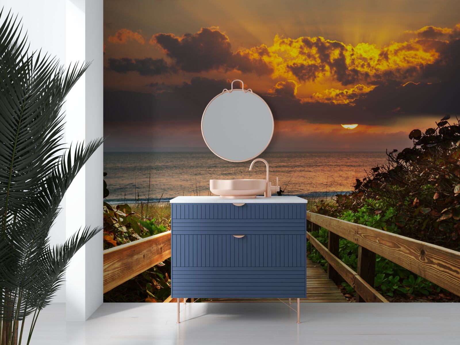 Fotobehang de zon gaat onder aan de horizon aan de kust