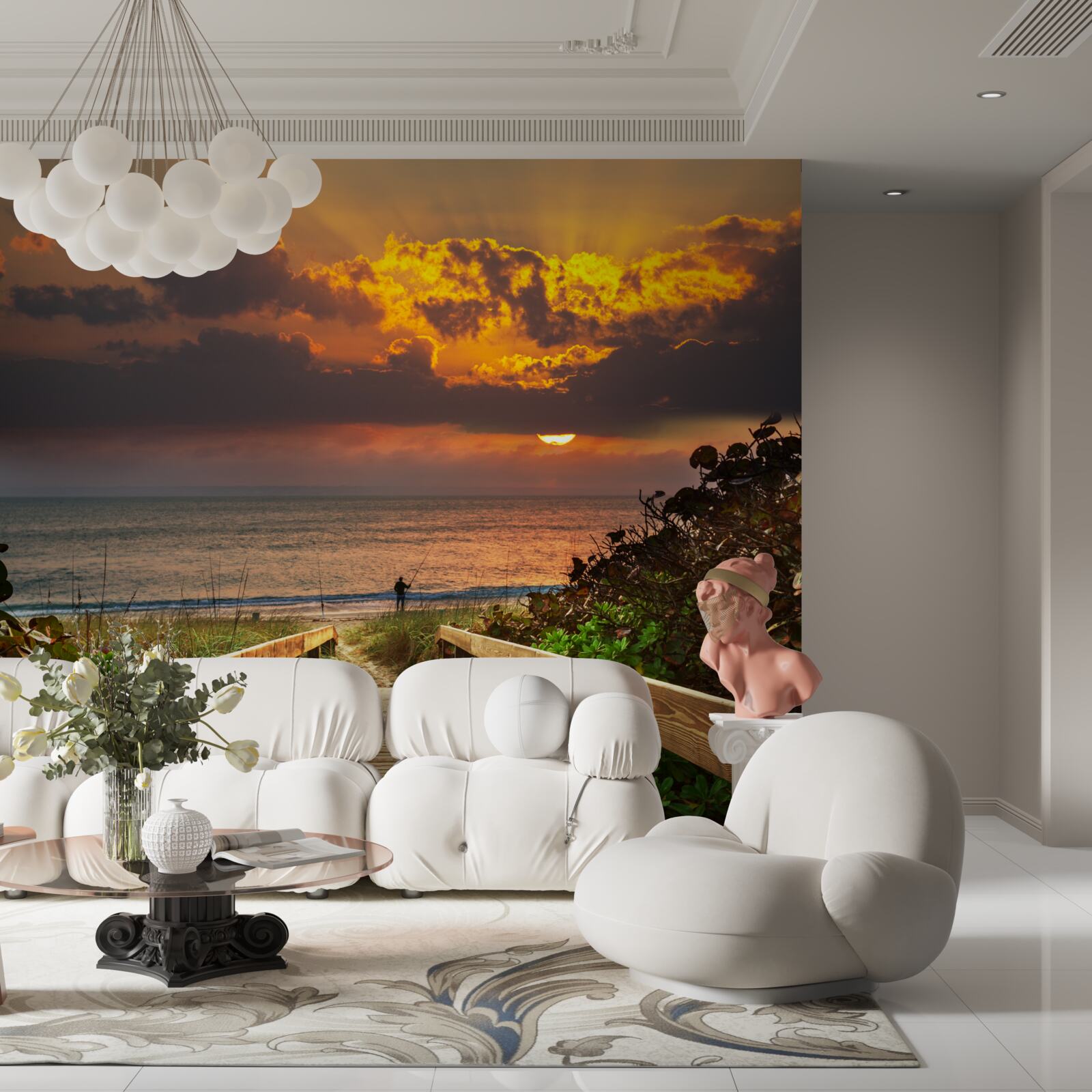 Fotobehang de zon gaat onder aan de horizon aan de kust