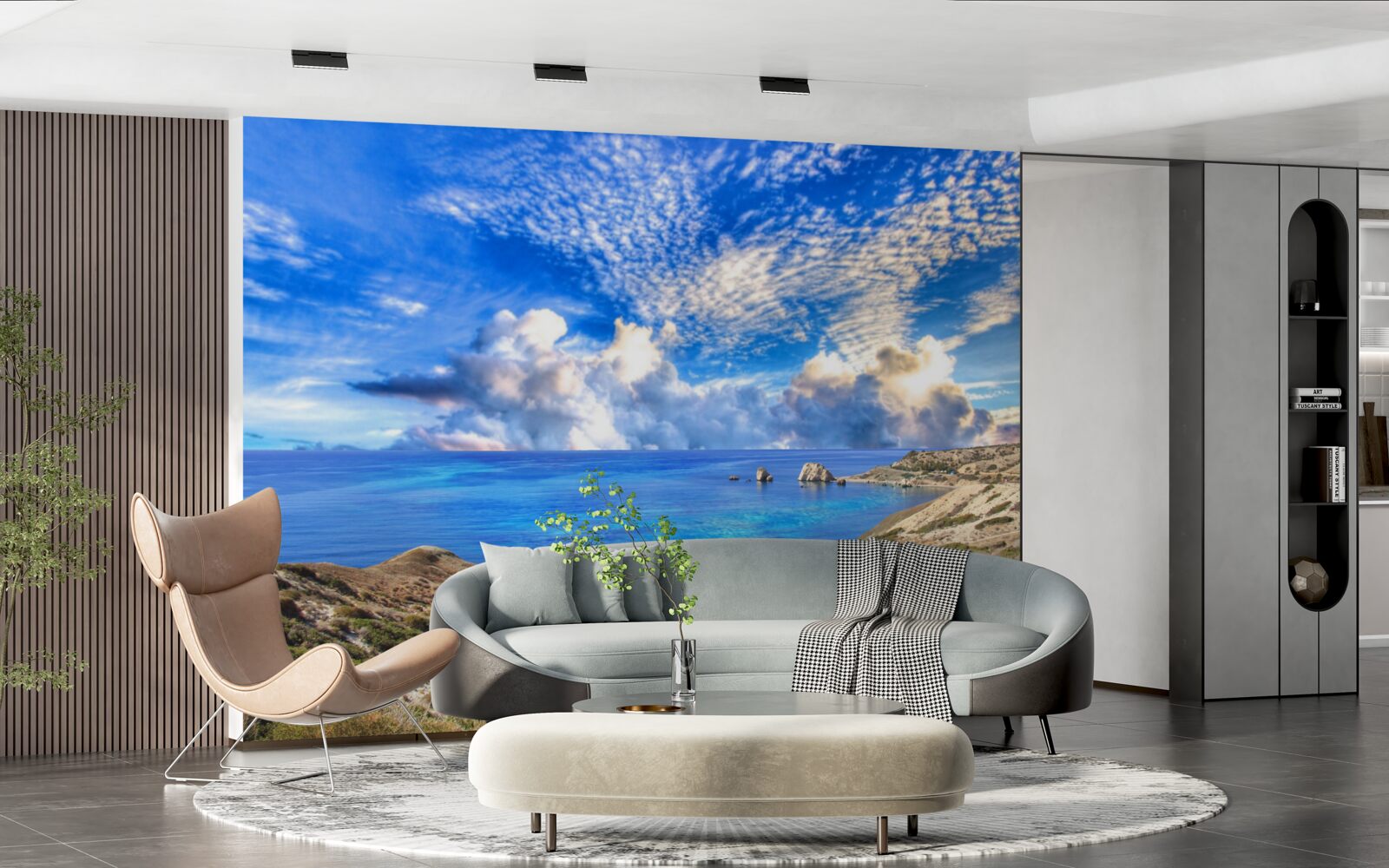 Fotobehang cirruswolken aan de horizon op het grensvlak tussen land en oceaan