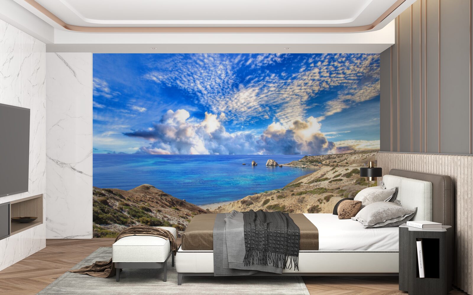 Fotobehang cirruswolken aan de horizon op het grensvlak tussen land en oceaan