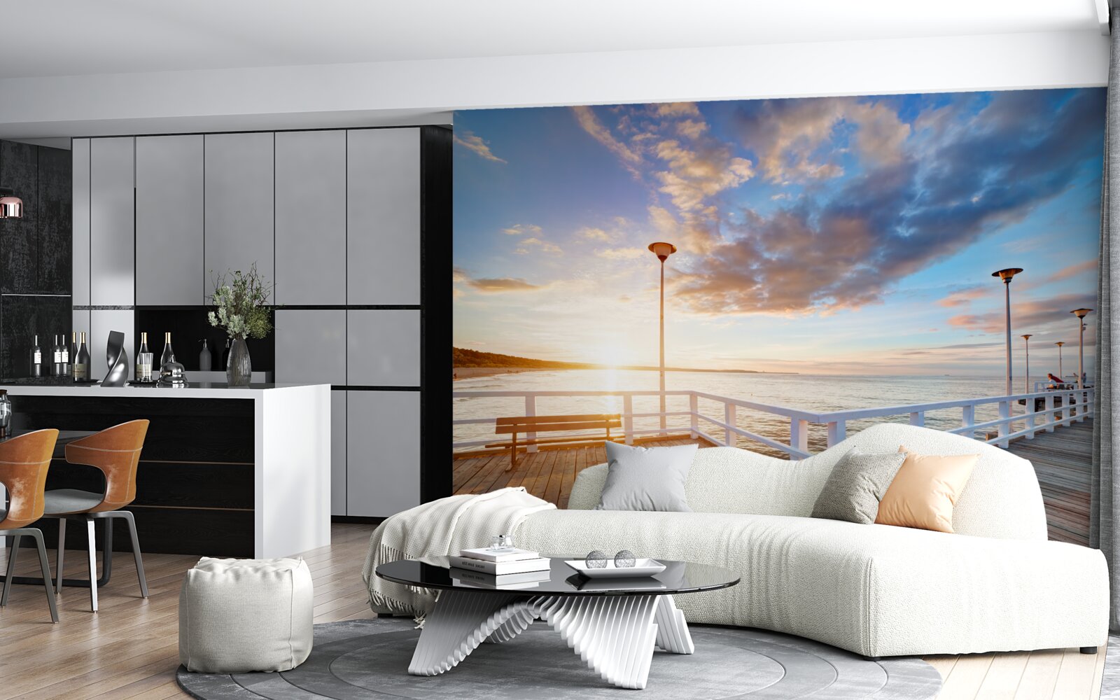 Fotobehang verlaten houten pier ziet de zon bij zonsondergang