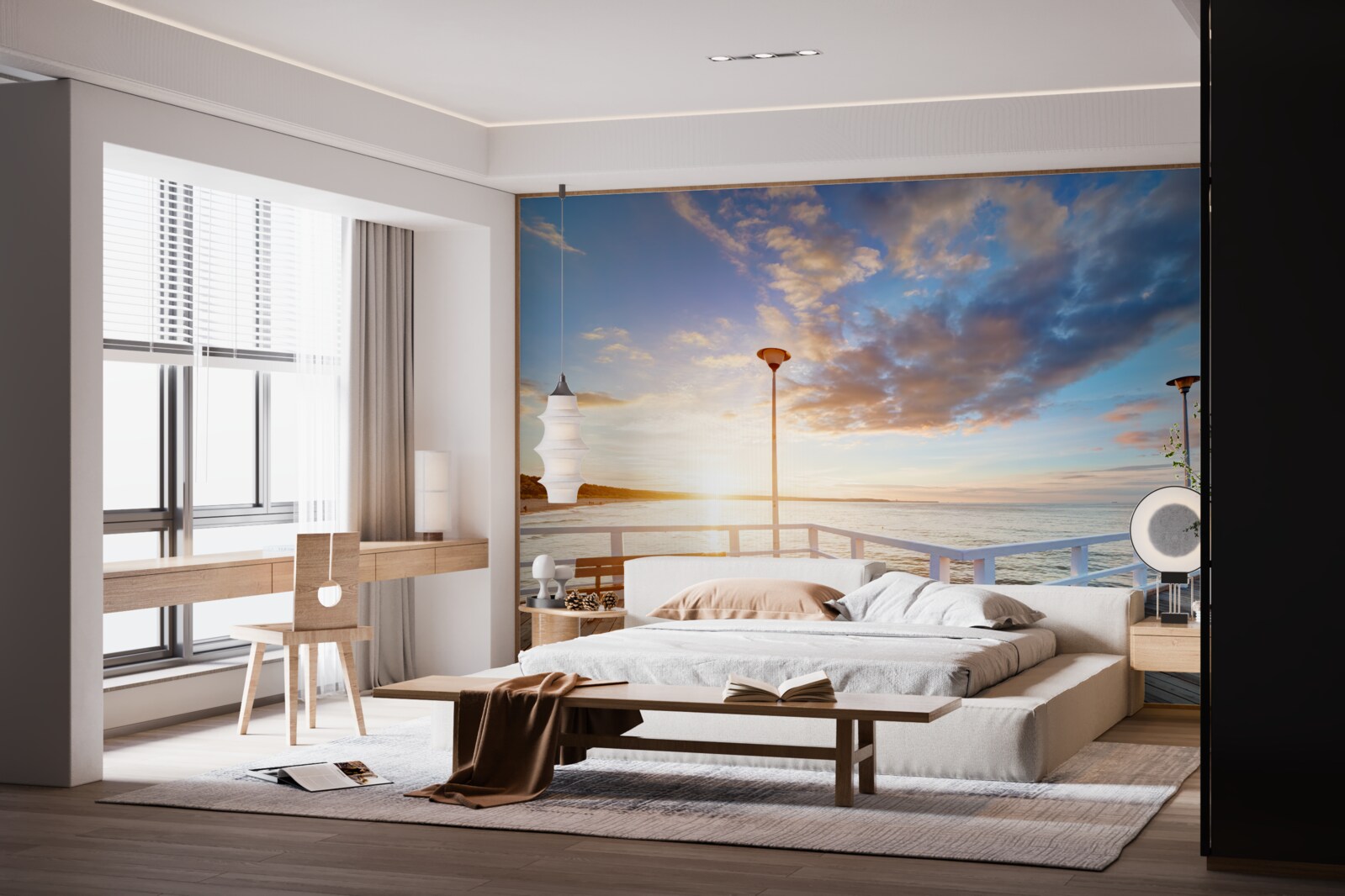 Fotobehang verlaten houten pier ziet de zon bij zonsondergang