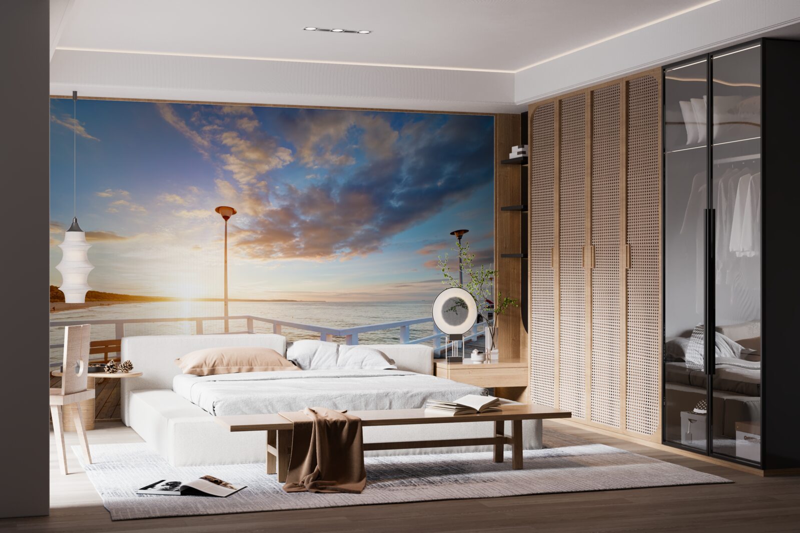 Fotobehang verlaten houten pier ziet de zon bij zonsondergang