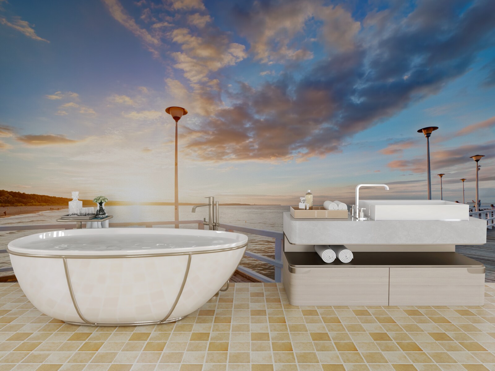 Fotobehang verlaten houten pier ziet de zon bij zonsondergang