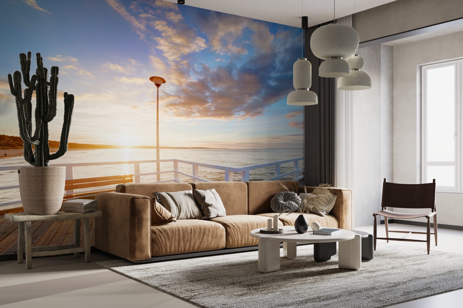 Fotobehang verlaten houten pier ziet de zon bij zonsondergang