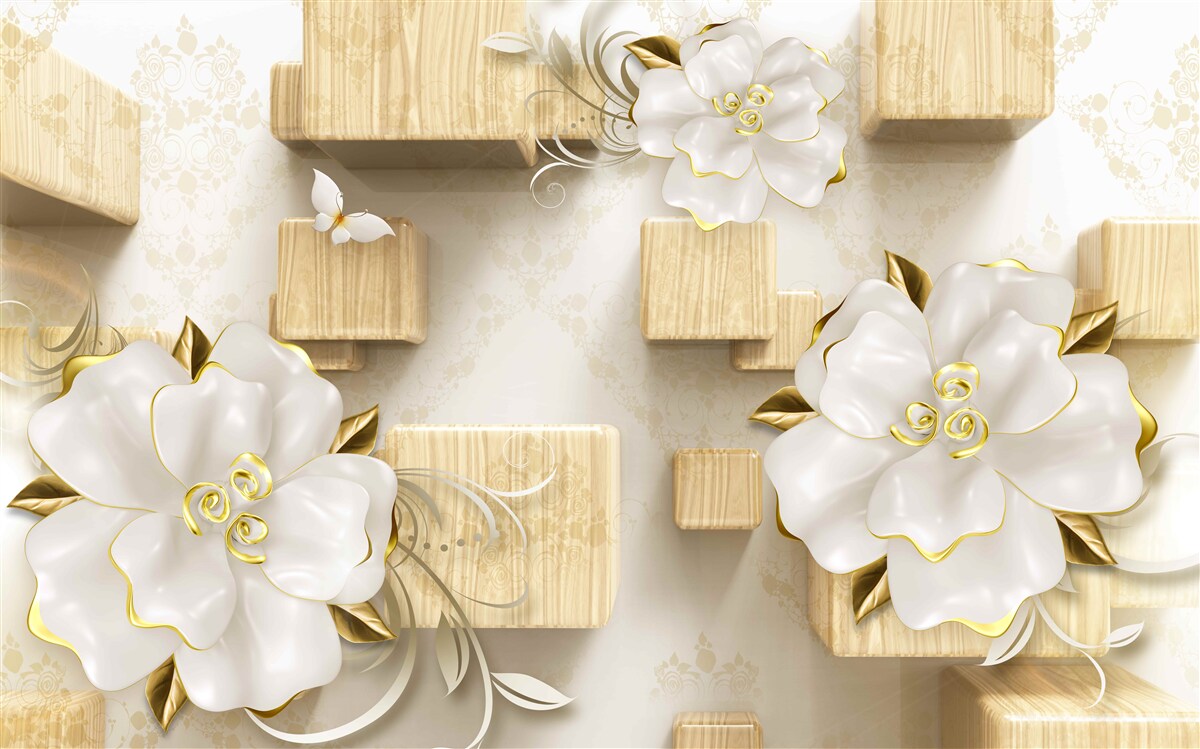 Fotobehang gouden accenten op witte bloemen geplaatst op houten kubussen