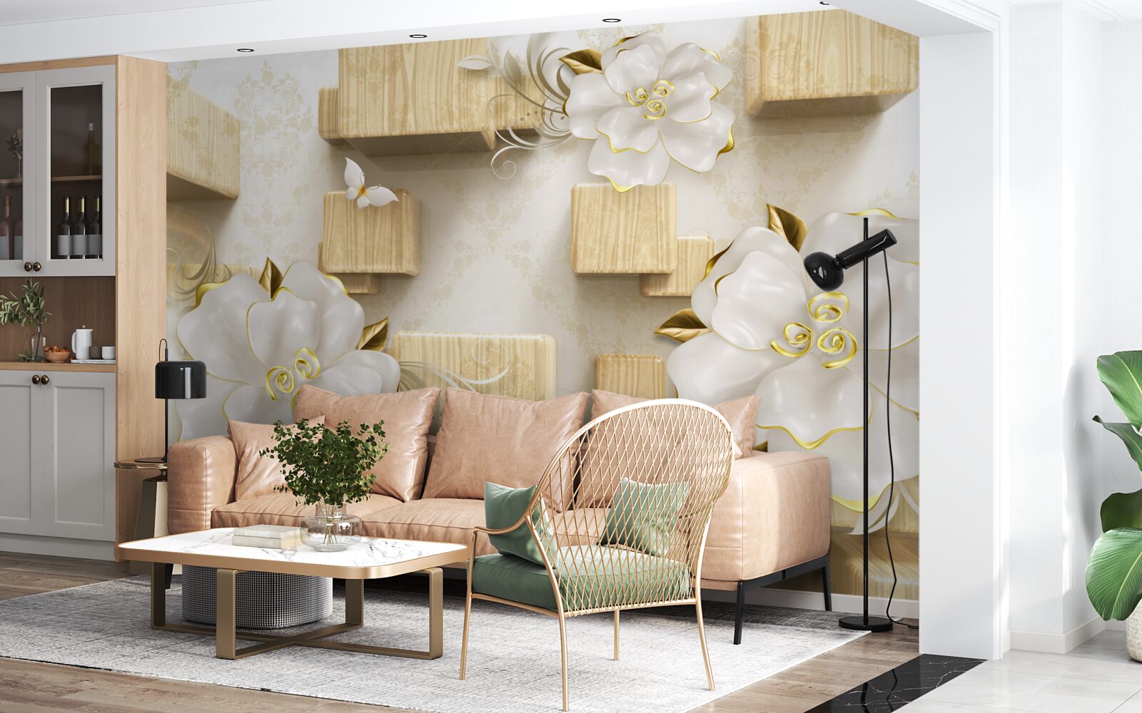 Fotobehang gouden accenten op witte bloemen geplaatst op houten kubussen