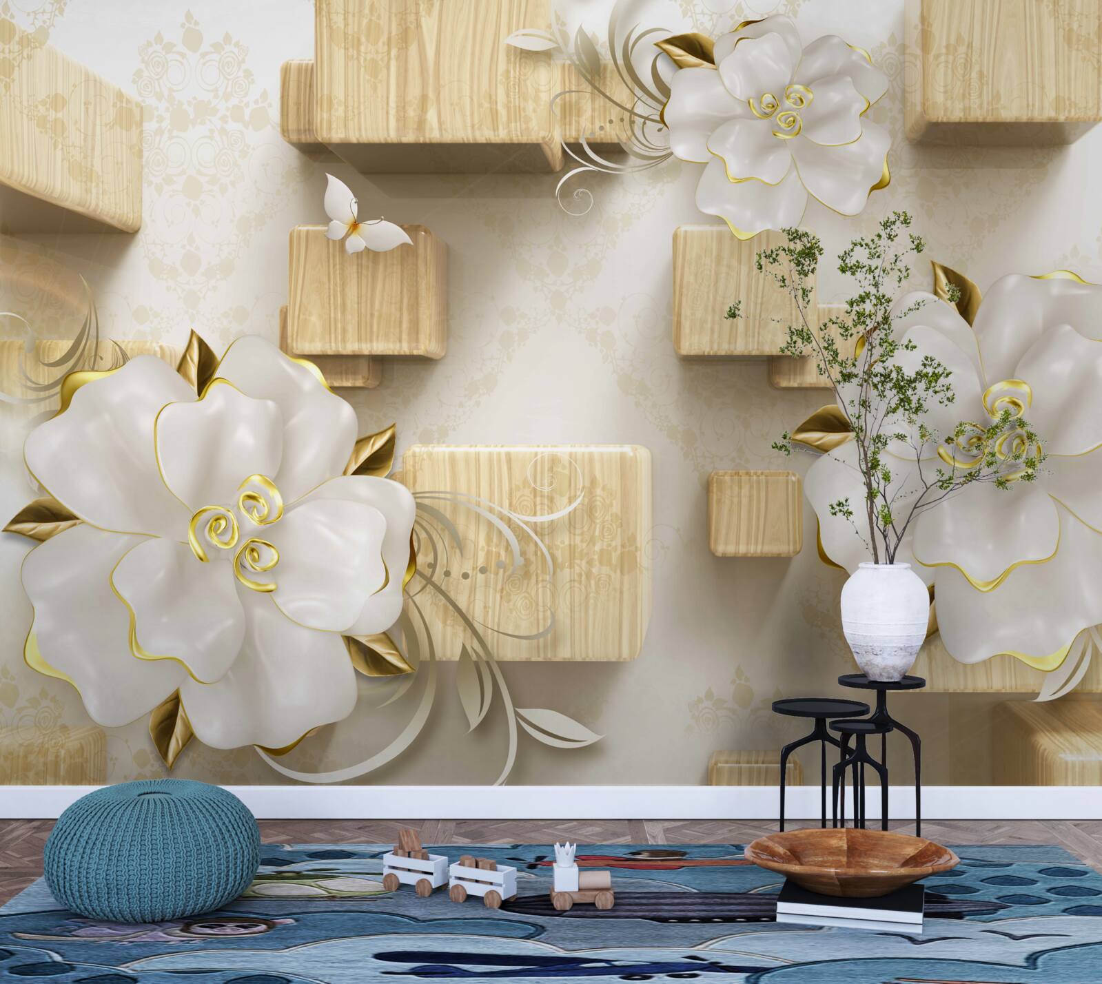 Fotobehang gouden accenten op witte bloemen geplaatst op houten kubussen