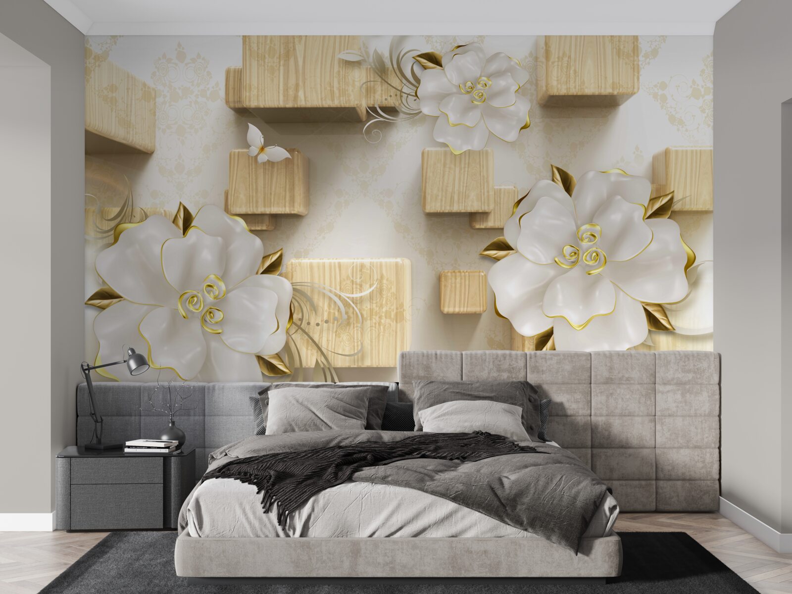 Fotobehang gouden accenten op witte bloemen geplaatst op houten kubussen