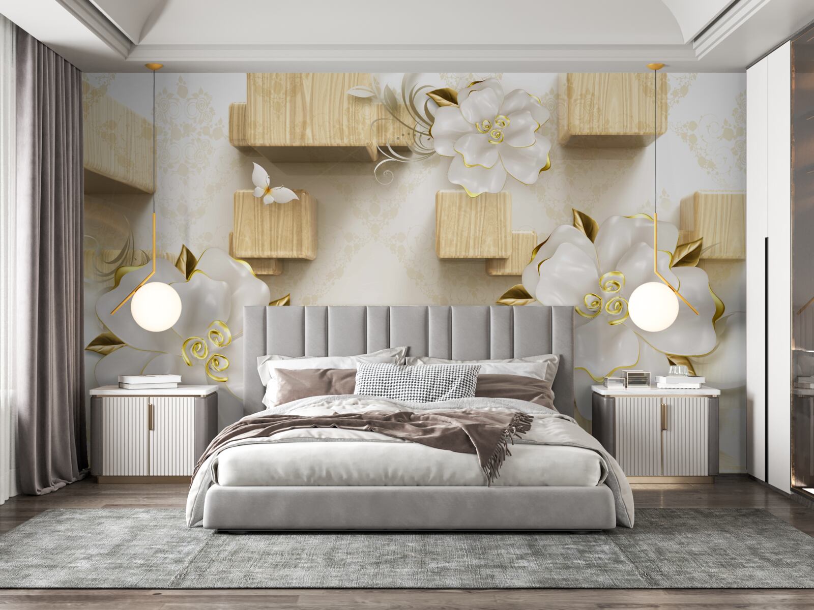 Fotobehang gouden accenten op witte bloemen geplaatst op houten kubussen