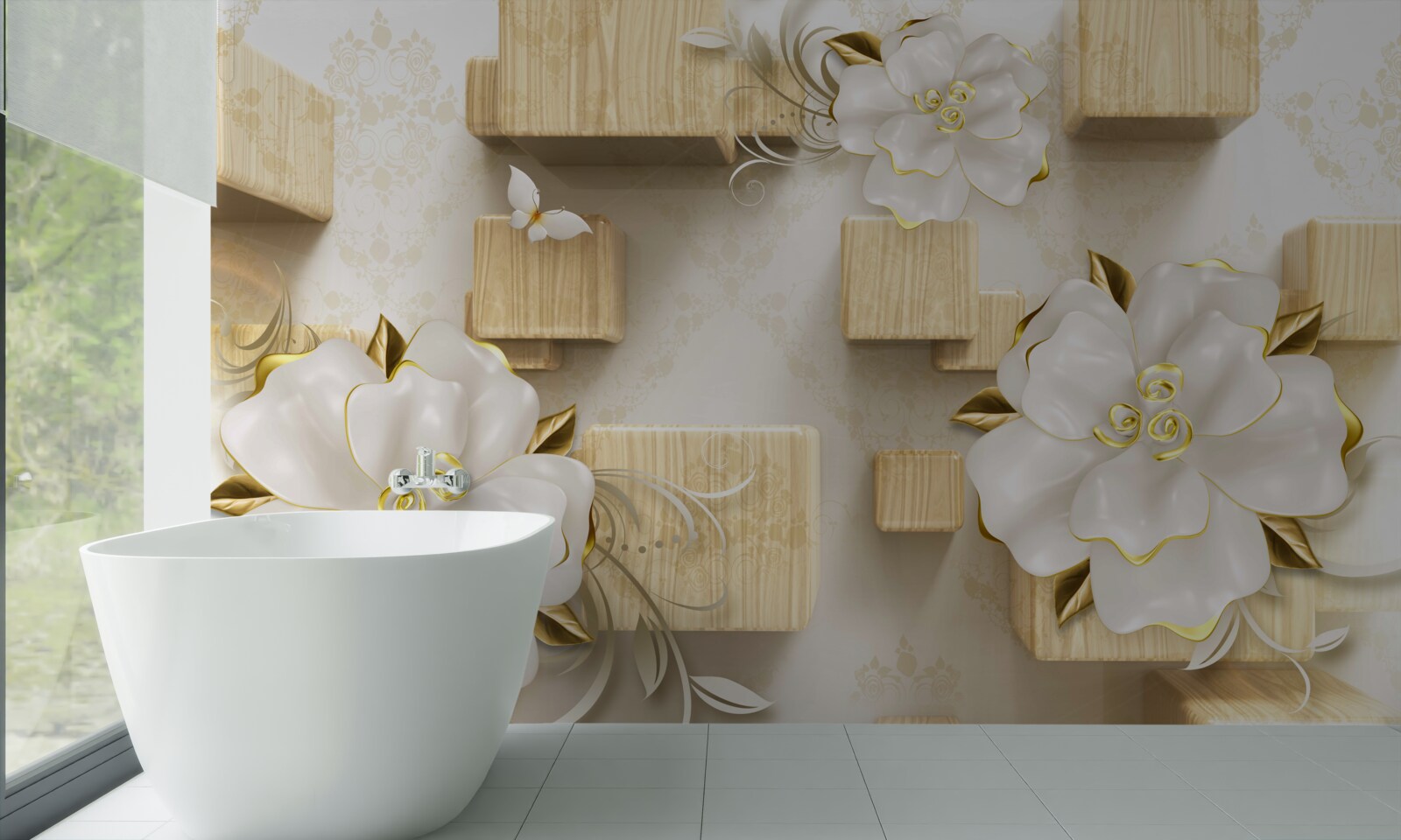 Fotobehang gouden accenten op witte bloemen geplaatst op houten kubussen