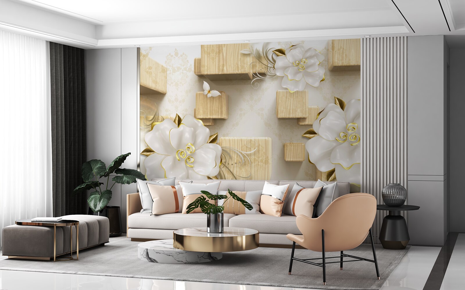 Fotobehang gouden accenten op witte bloemen geplaatst op houten kubussen