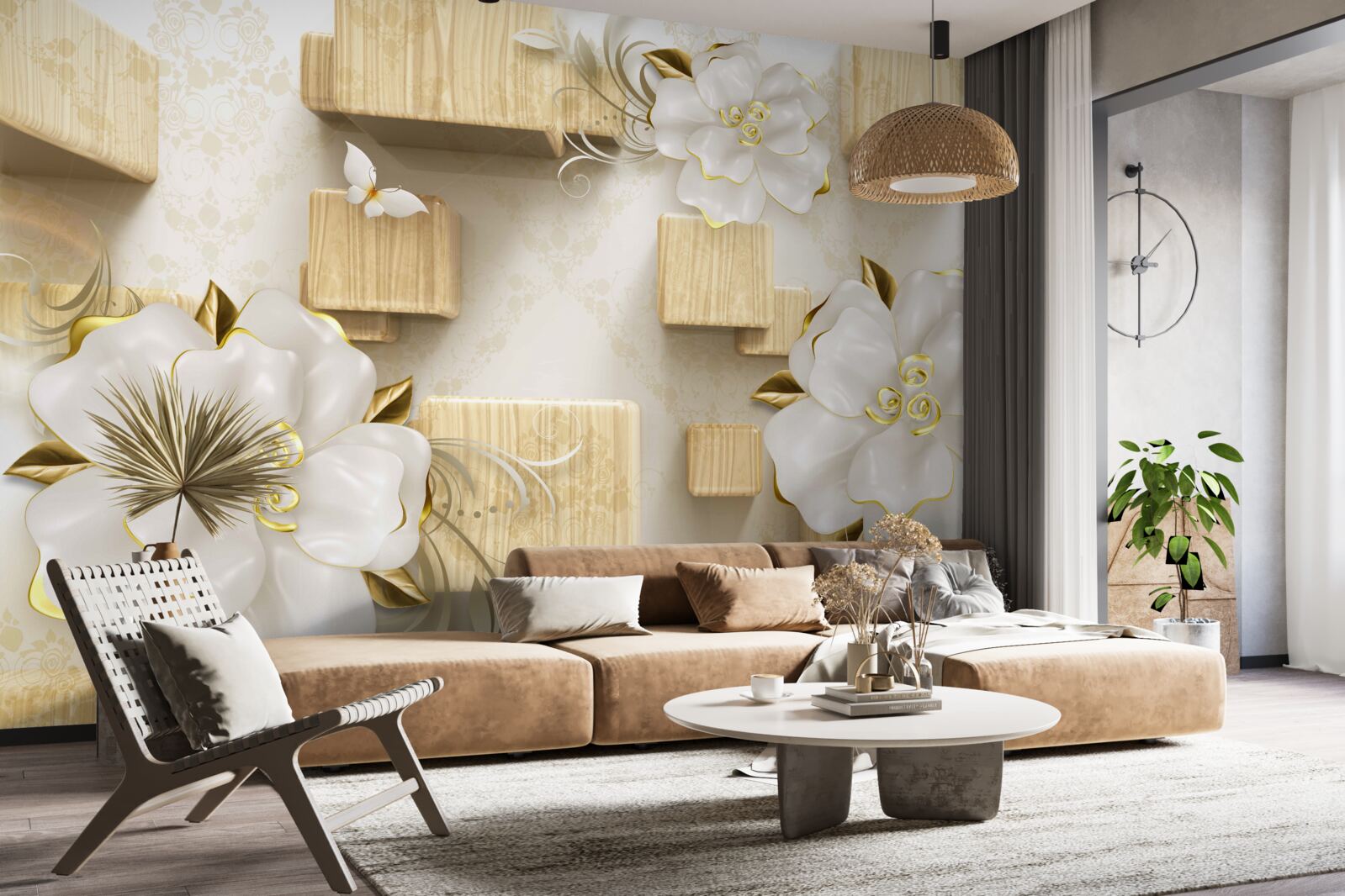 Fotobehang gouden accenten op witte bloemen geplaatst op houten kubussen