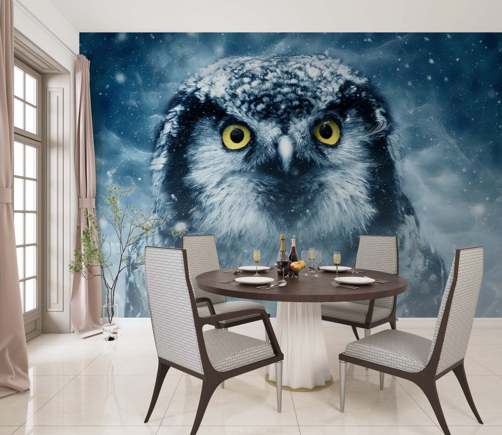 Fotobehang in de winter een grote uil met gouden ogen