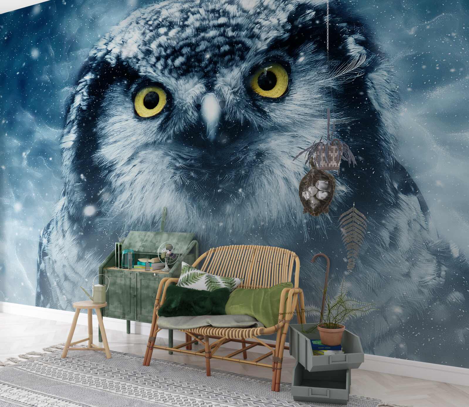 Fotobehang in de winter een grote uil met gouden ogen