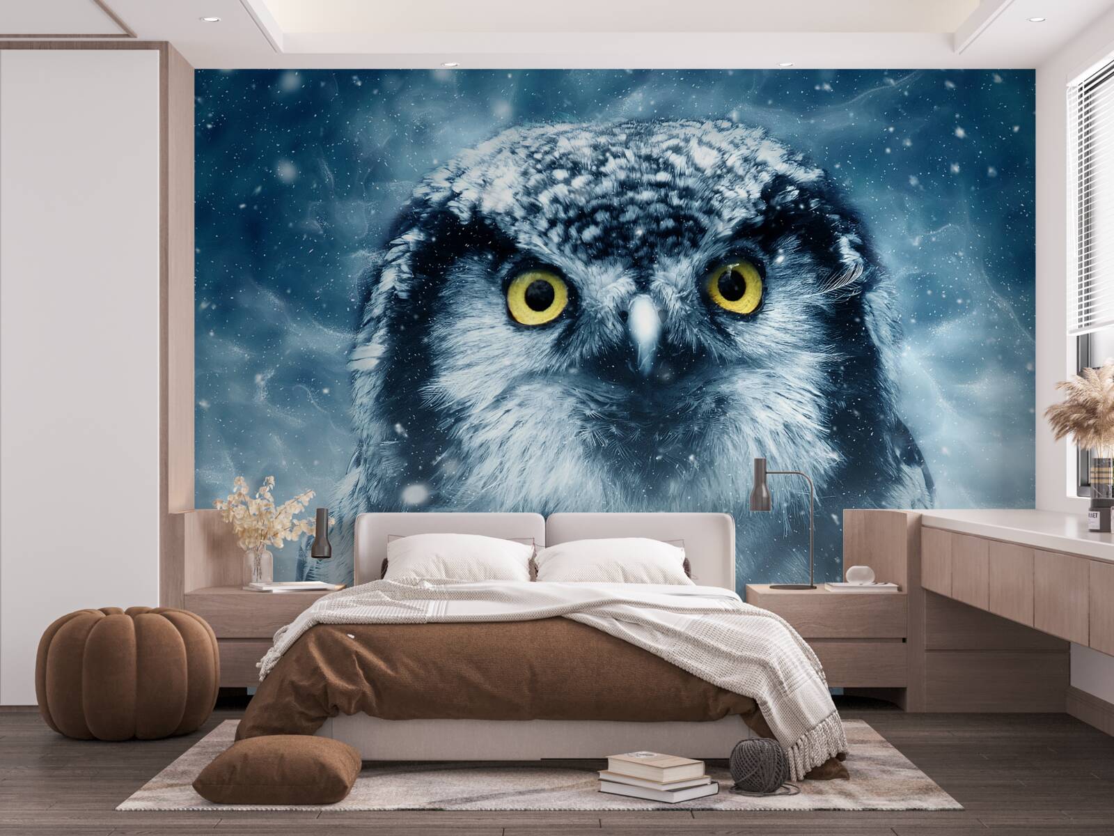 Fotobehang in de winter een grote uil met gouden ogen
