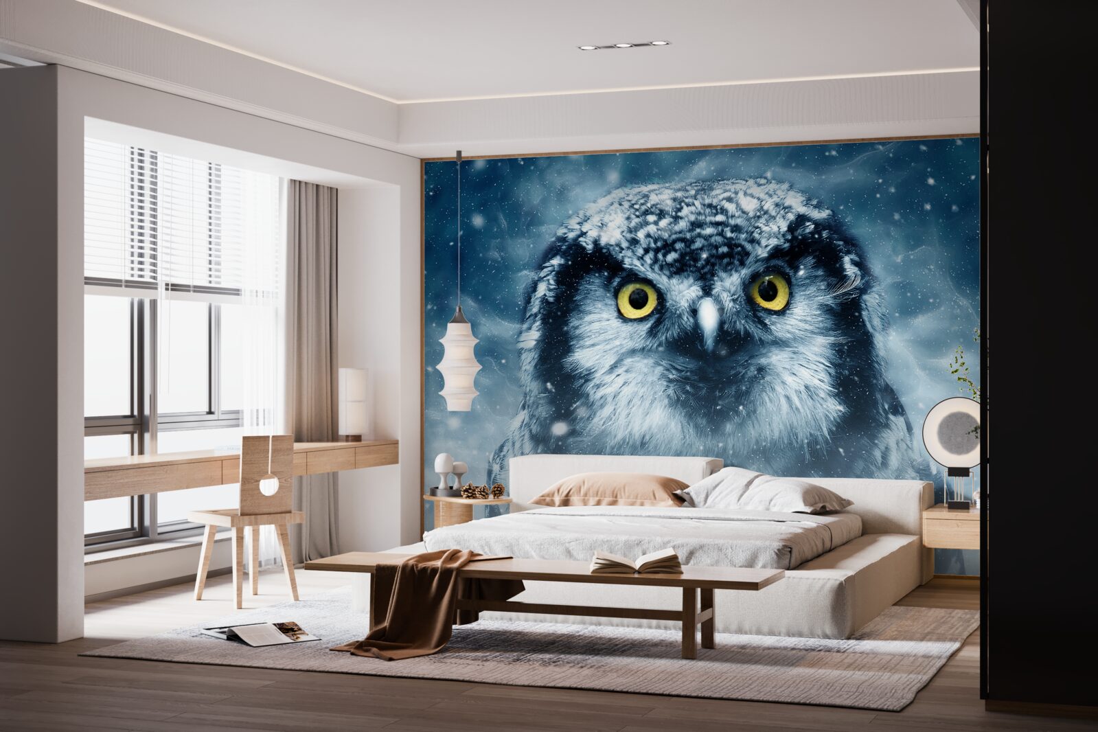 Fotobehang in de winter een grote uil met gouden ogen