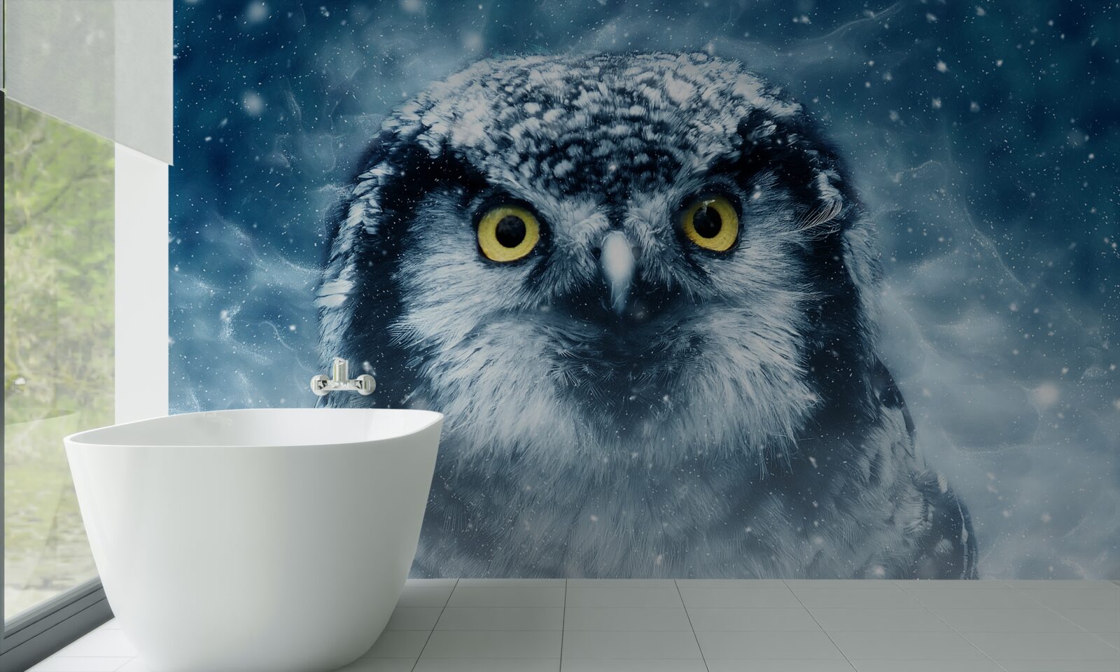 Fotobehang in de winter een grote uil met gouden ogen