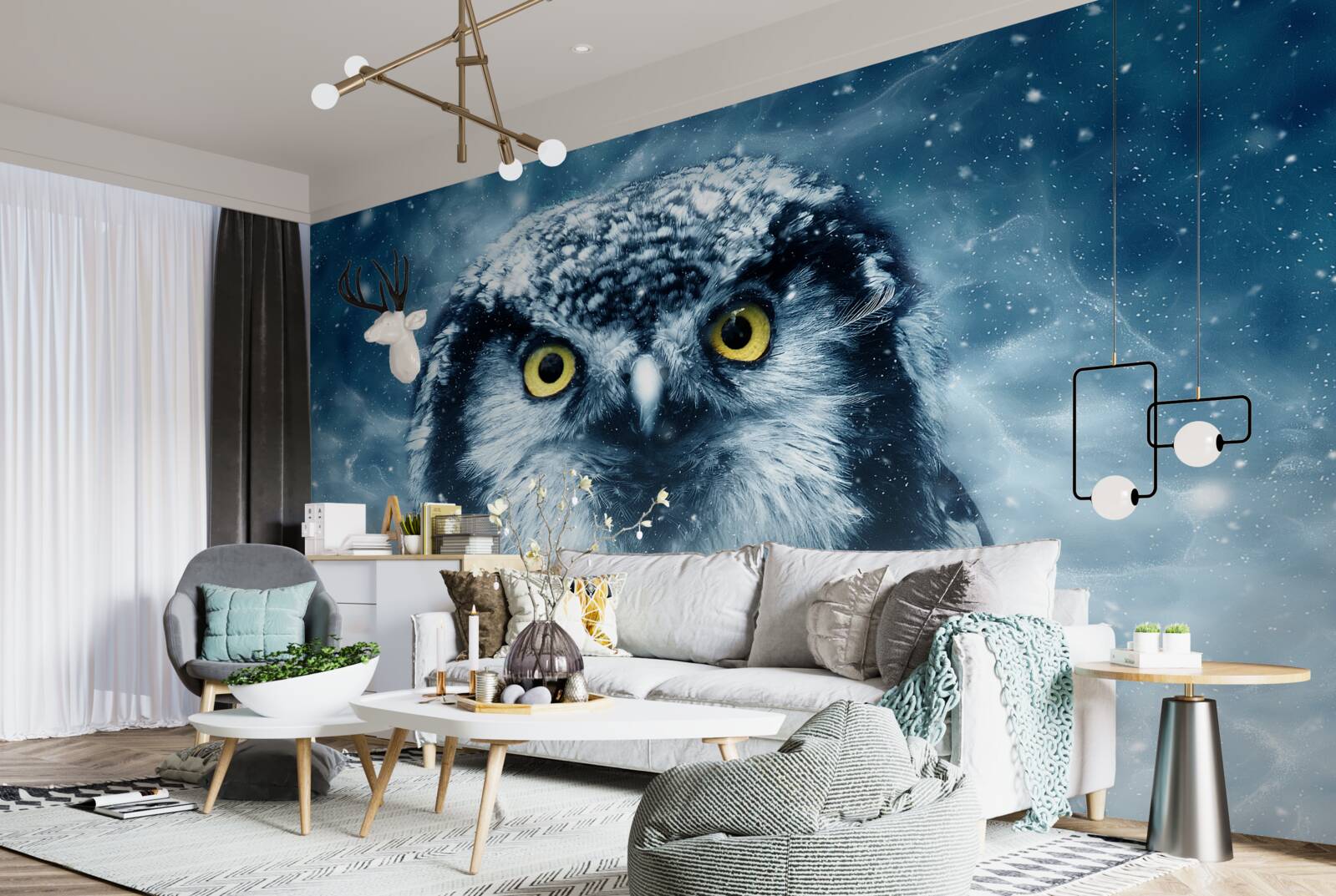 Fotobehang in de winter een grote uil met gouden ogen