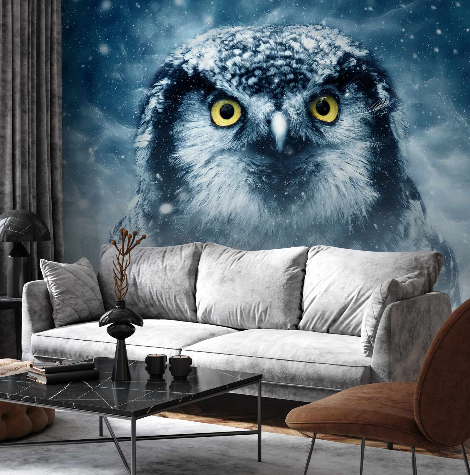 Fotobehang in de winter een grote uil met gouden ogen
