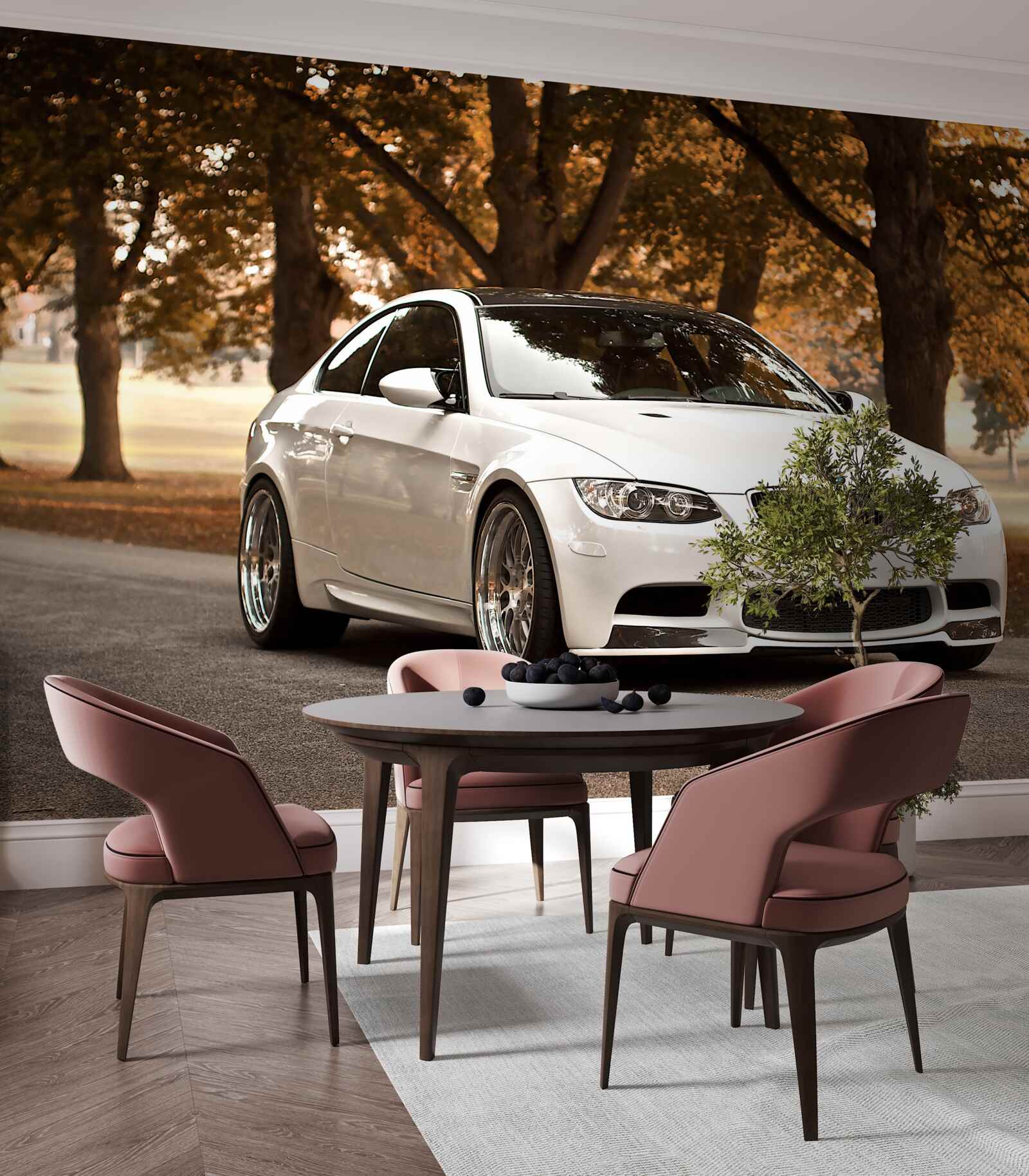 Fotobehang een witte bmw rijdt over de weg in de herfst