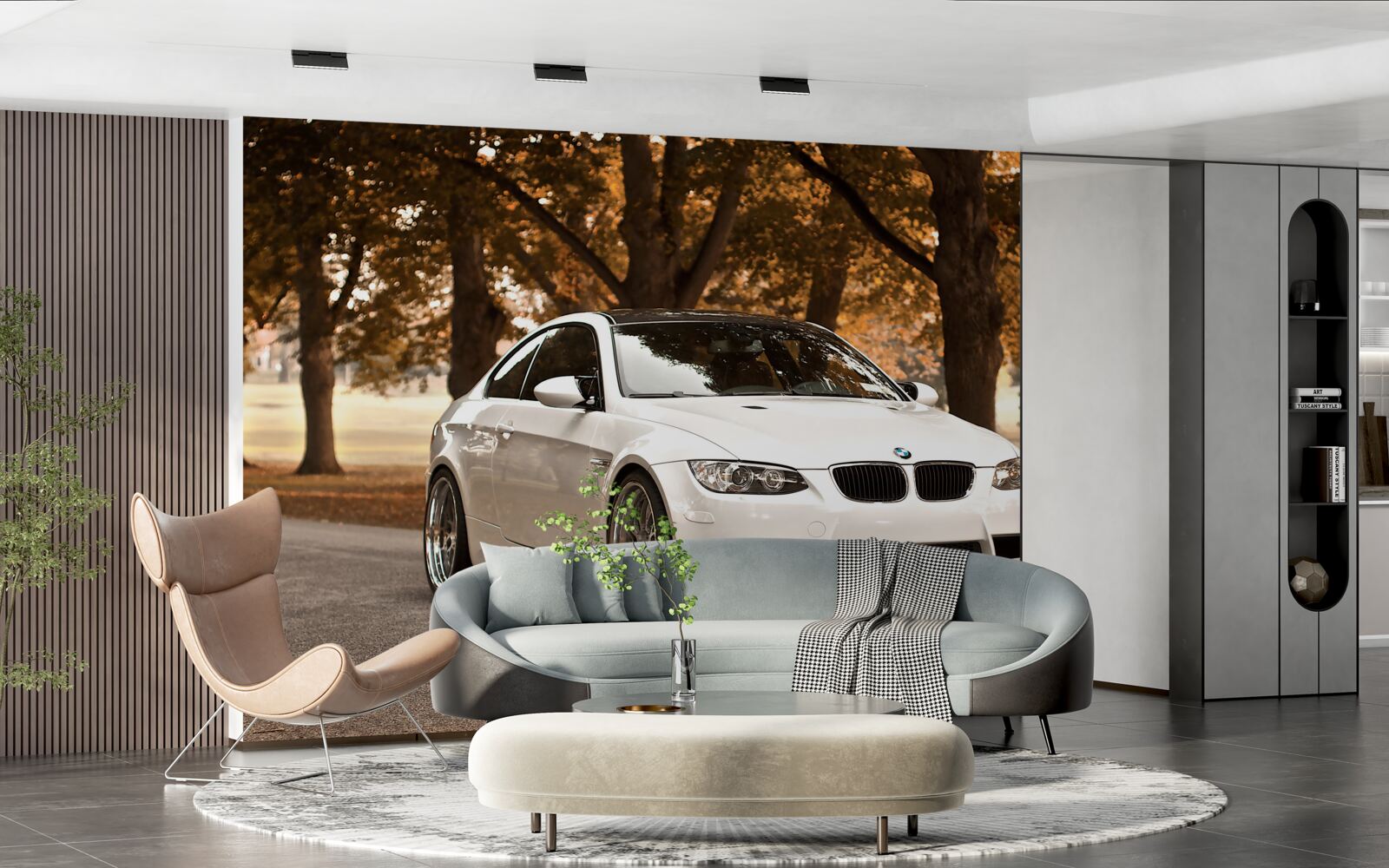 Fotobehang een witte bmw rijdt over de weg in de herfst