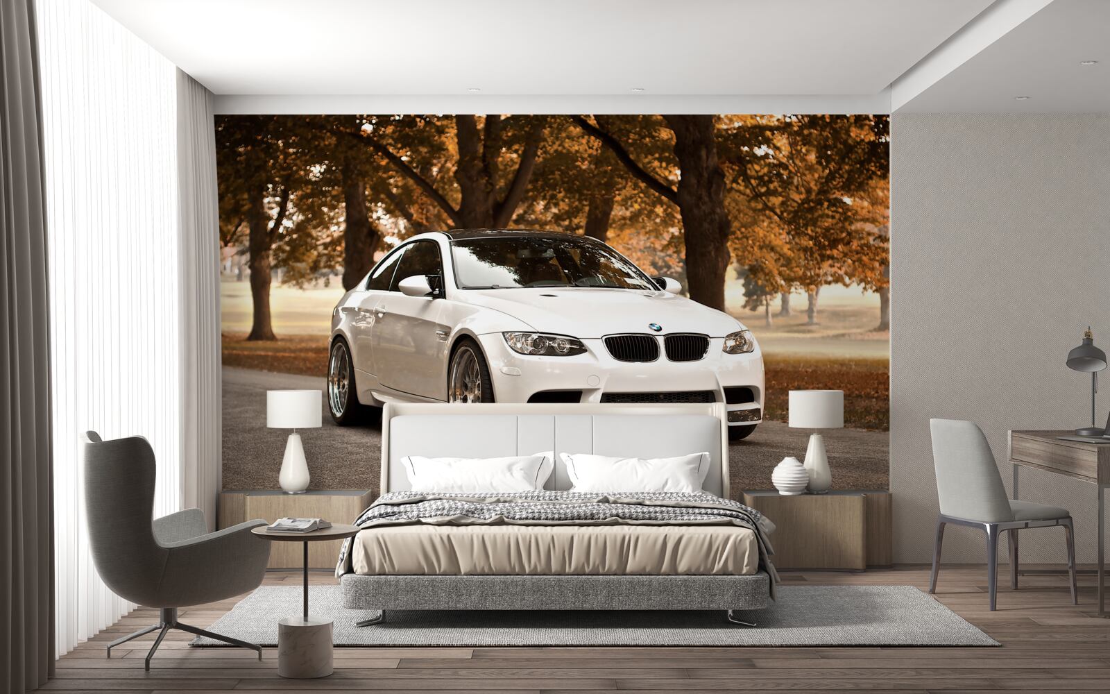 Fotobehang een witte bmw rijdt over de weg in de herfst