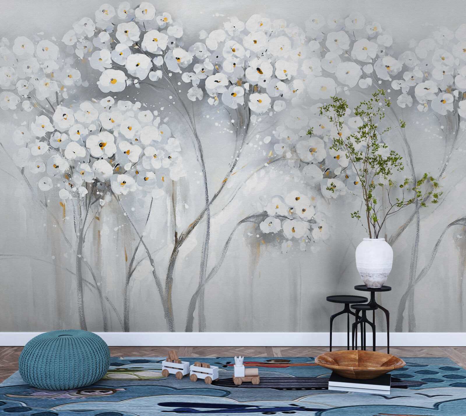 Fotobehang slanke bomen met lichtgekleurde bloeiende bladeren