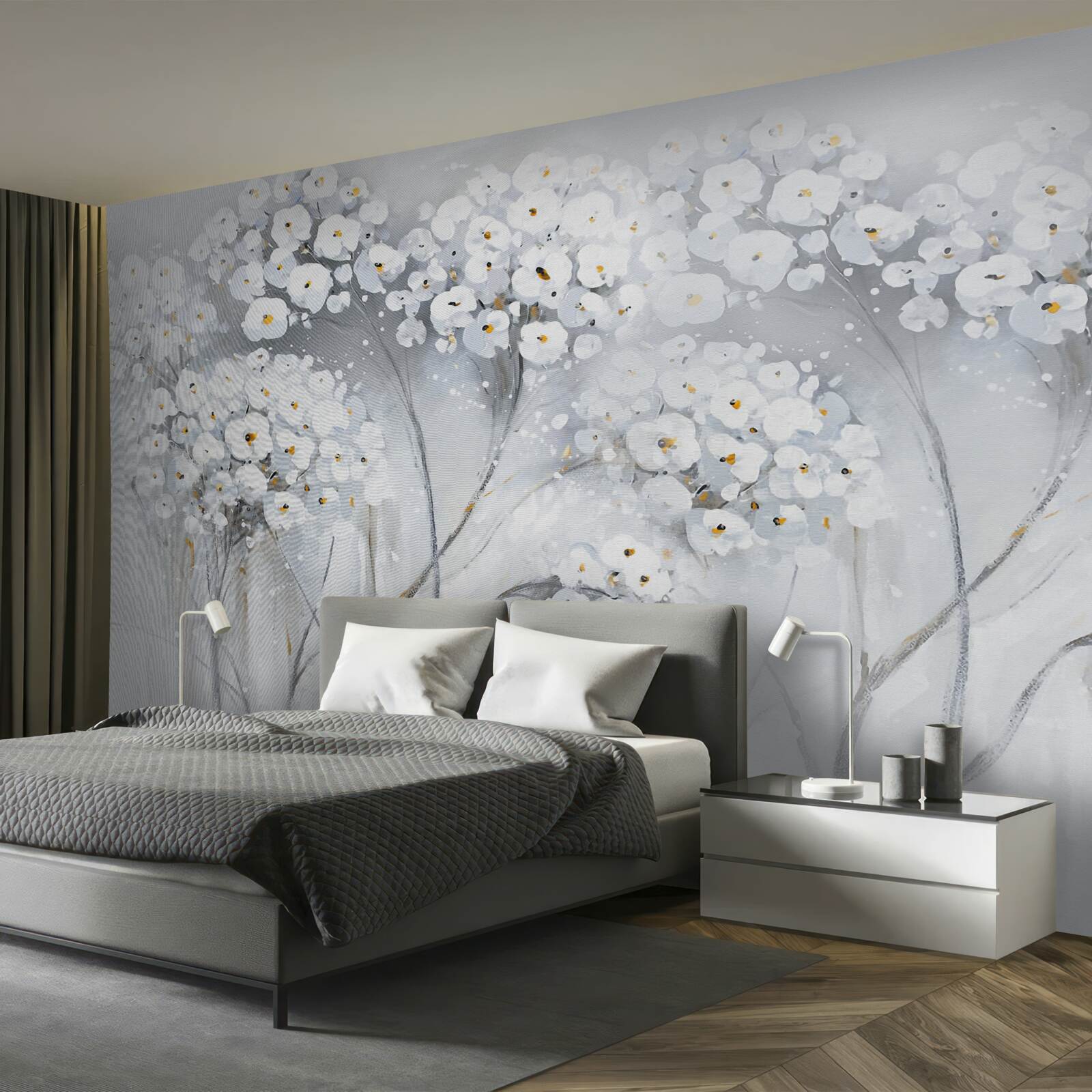 Fotobehang slanke bomen met lichtgekleurde bloeiende bladeren