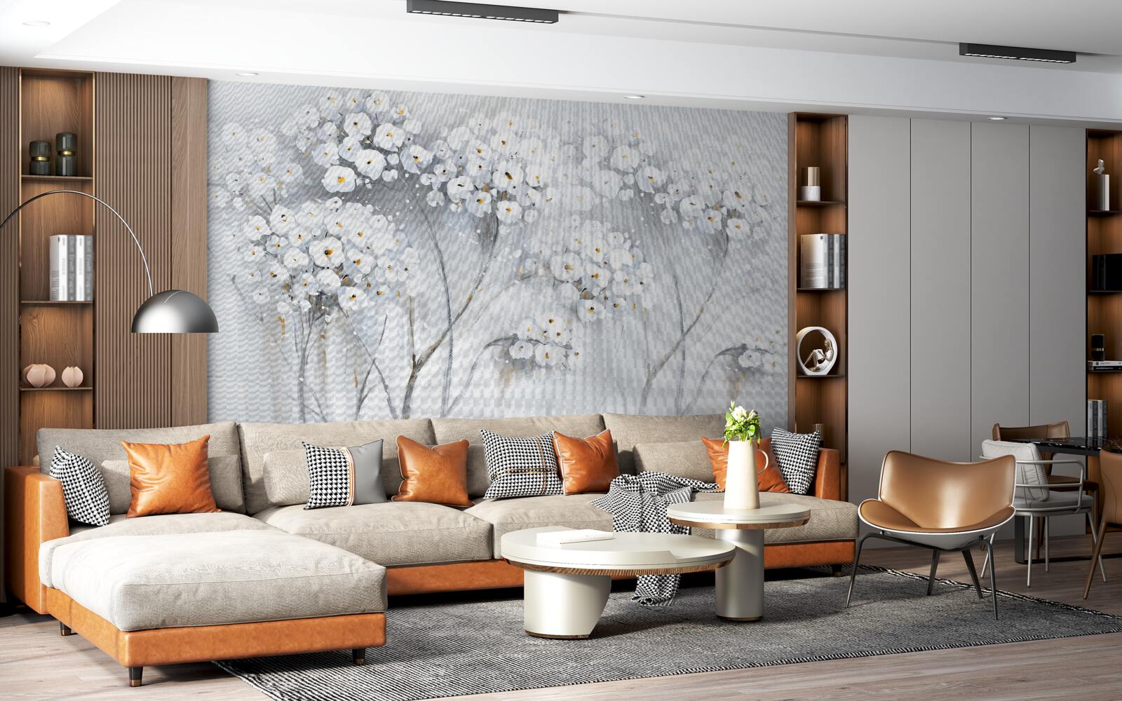 Fotobehang slanke bomen met lichtgekleurde bloeiende bladeren